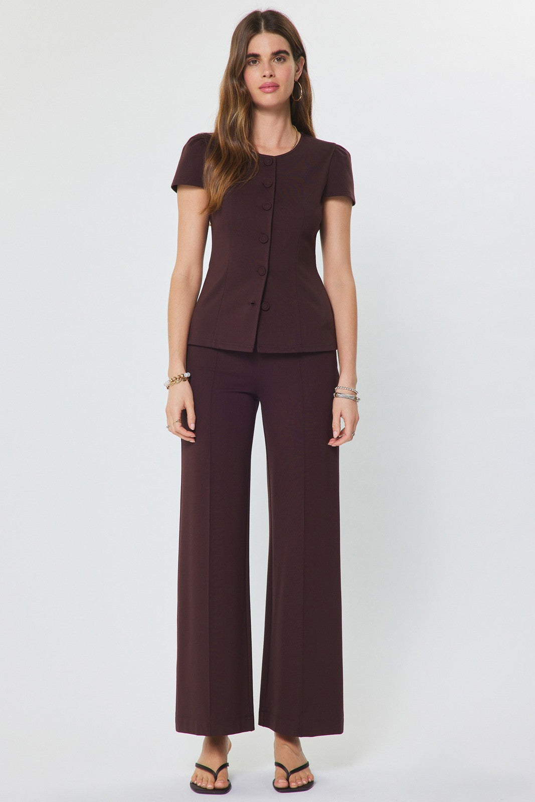 NYLAND Moira Ponte Button Front Short Sleeve Top