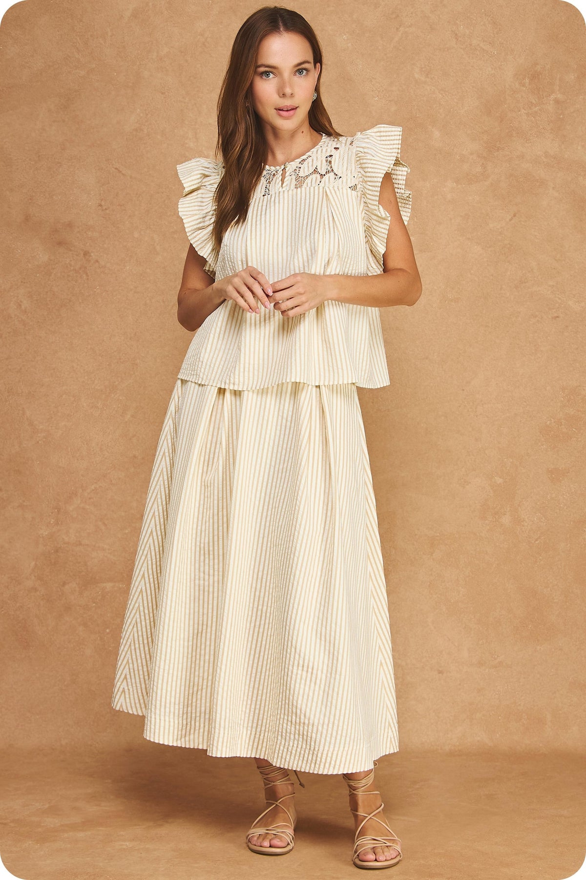 NYLAND Addyson Striped A-line Seersucker Pleat Midi Skirt