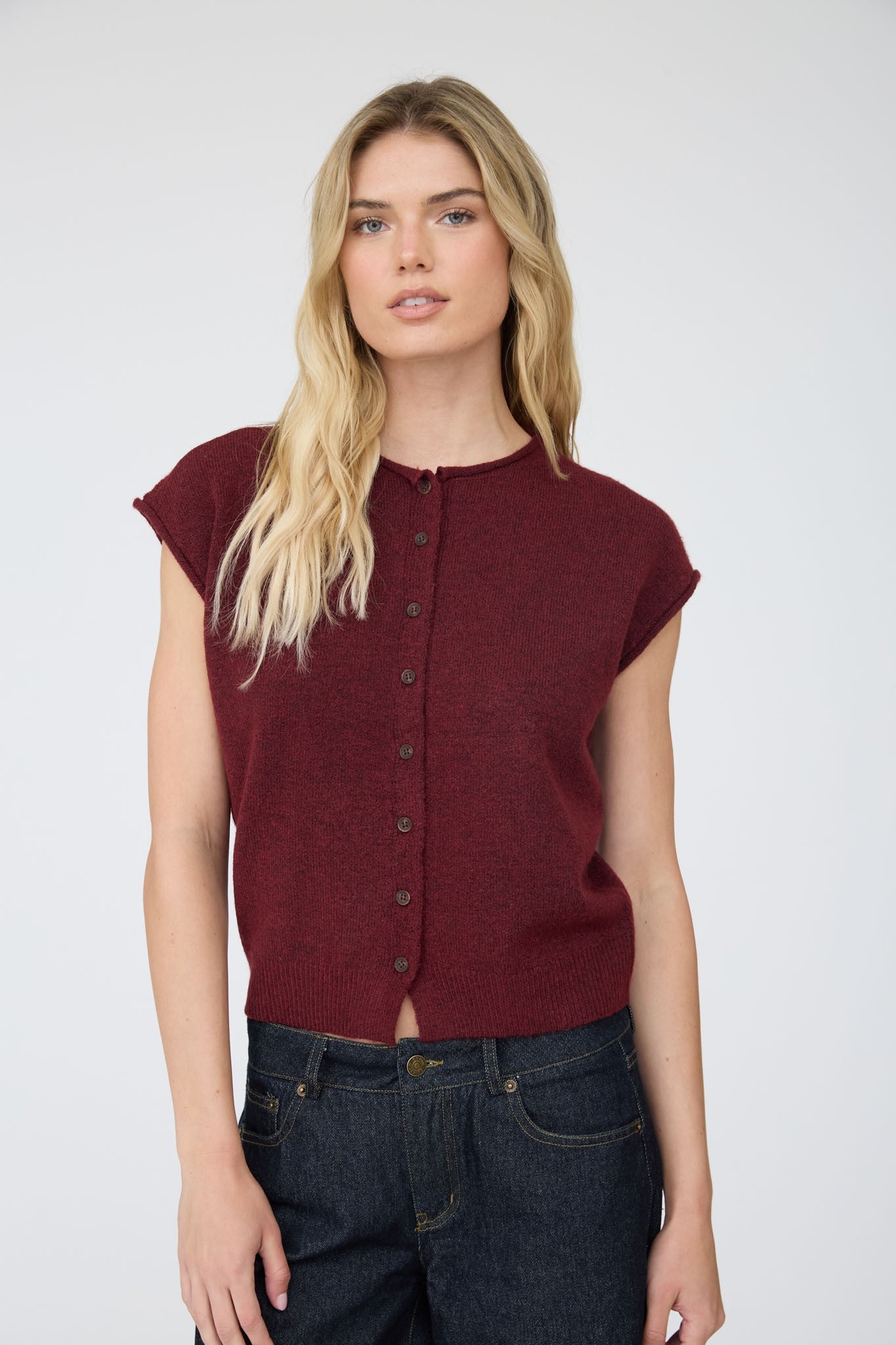 NYLAND Alianna Raw Edge Sleeveless Lightweight Cardigan Burgundy