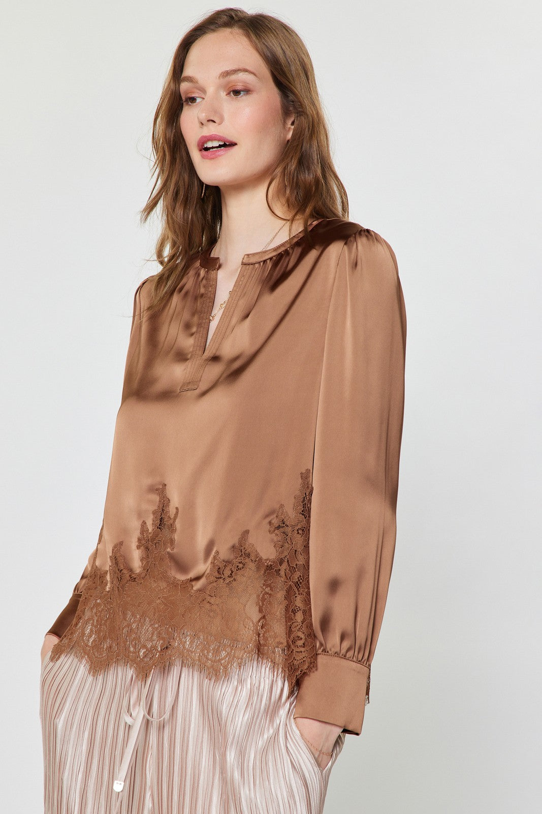 NYLAND Leontine Lace Hem Satin Blouse
