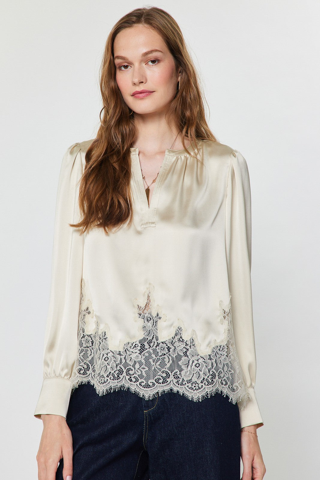 NYLAND Meara Lace Hem Satin Blouse Ecru