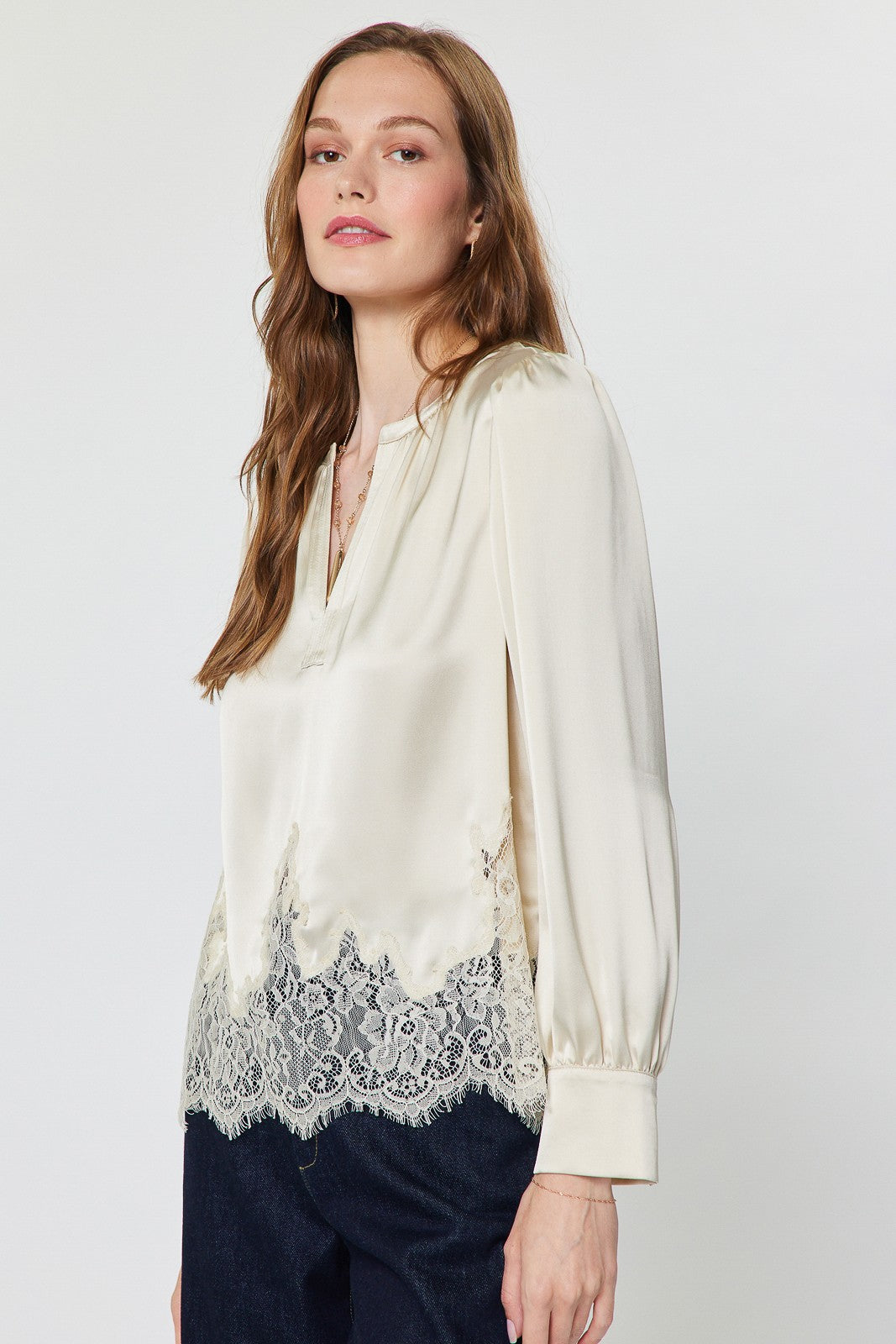 NYLAND Meara Lace Hem Satin Blouse Ecru