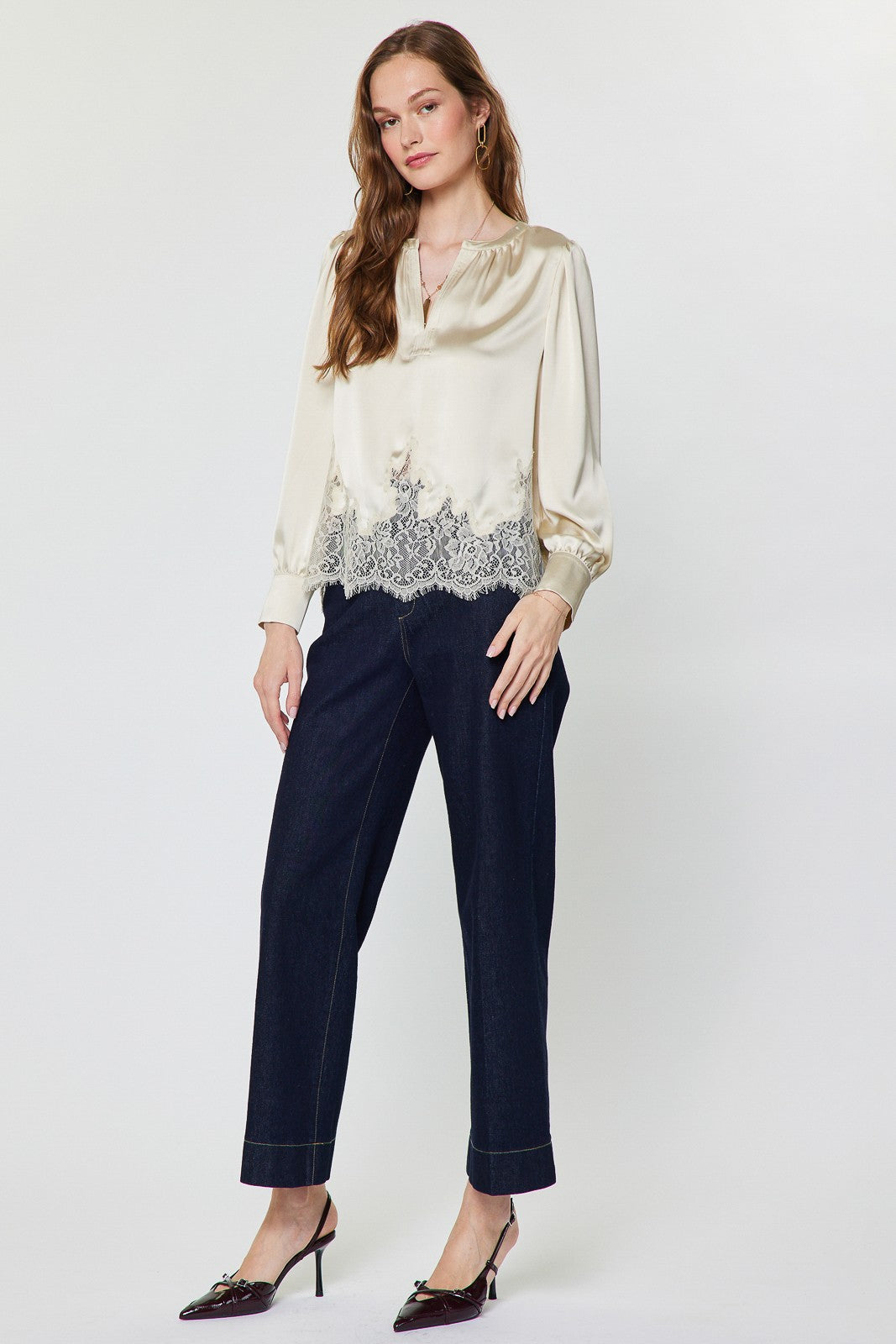 NYLAND Meara Lace Hem Satin Blouse