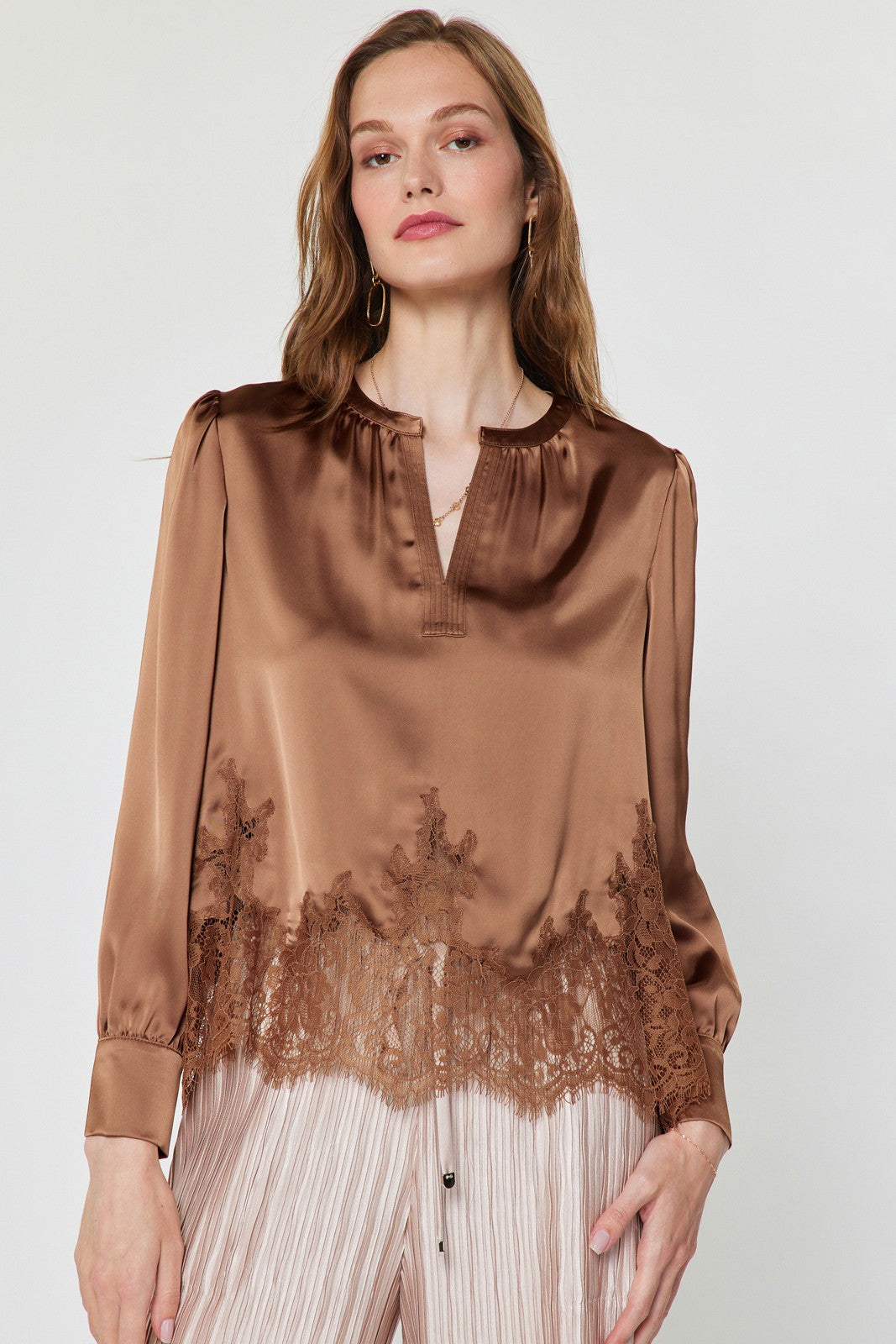 NYLAND Leontine Lace Hem Satin Blouse Mocha Mousse