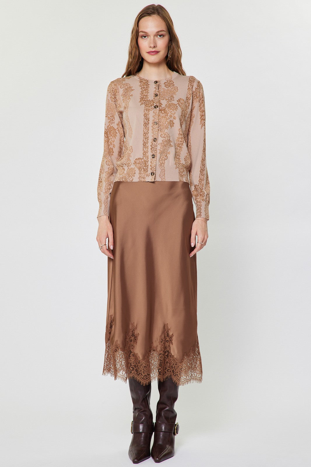 NYLAND Leontine Lace Hem Satin Midi Skirt