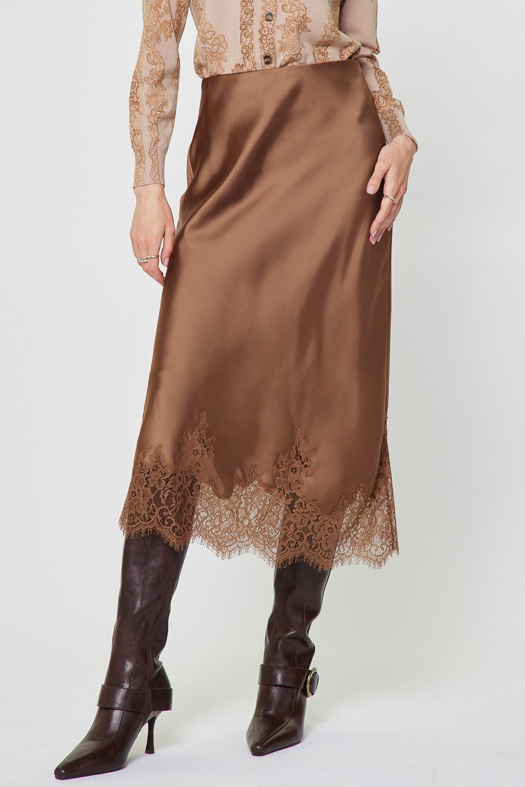 NYLAND Leontine Lace Hem Satin Midi Skirt Mocha Mousse