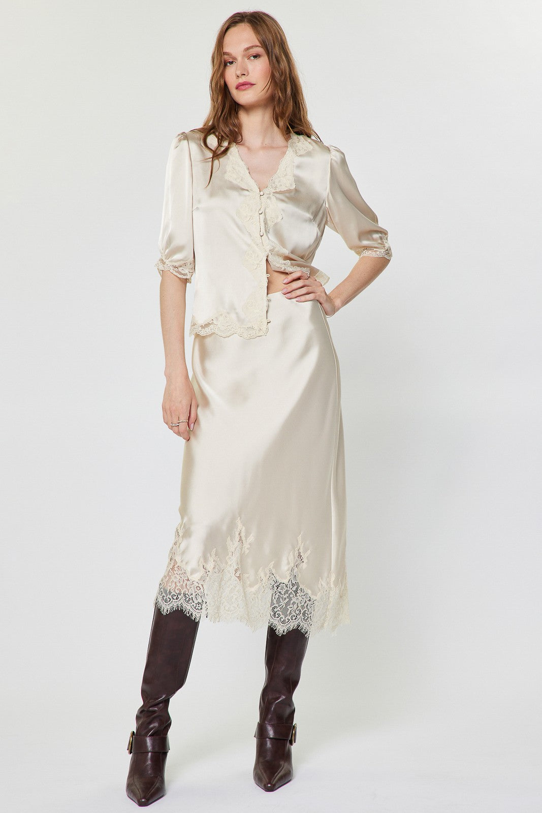 NYLAND Leontine Lace Hem Satin Midi Skirt