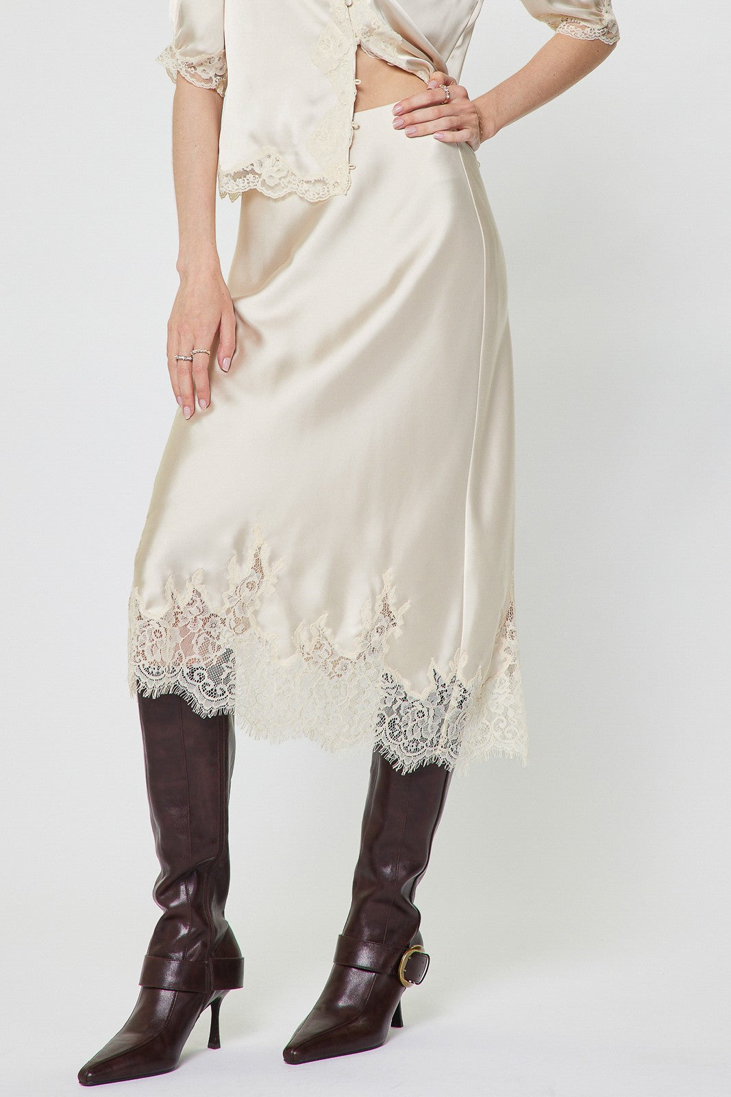 NYLAND Leontine Lace Hem Satin Midi Skirt Ecru