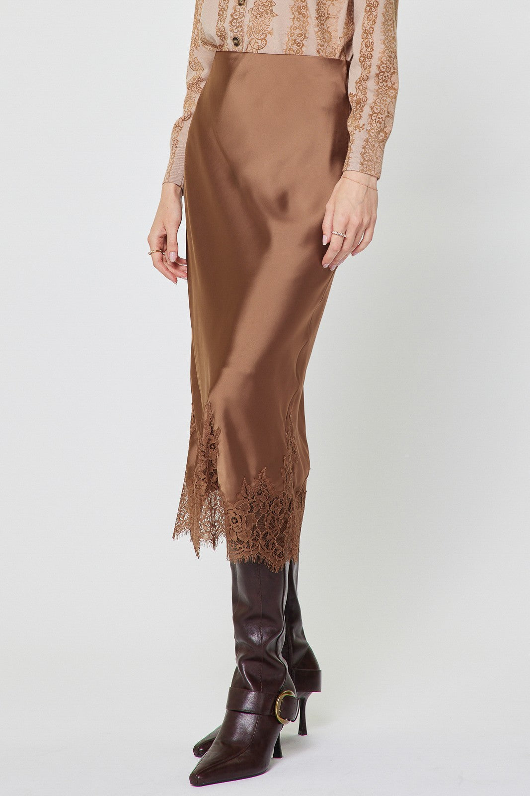 NYLAND Leontine Lace Hem Satin Midi Skirt