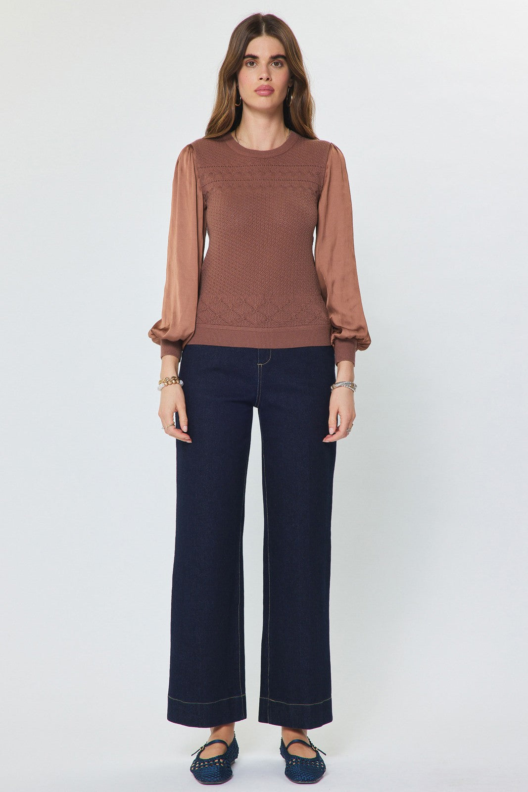 NYLAND Joykiss Woven Sleeve Pointelle Knit Sweater