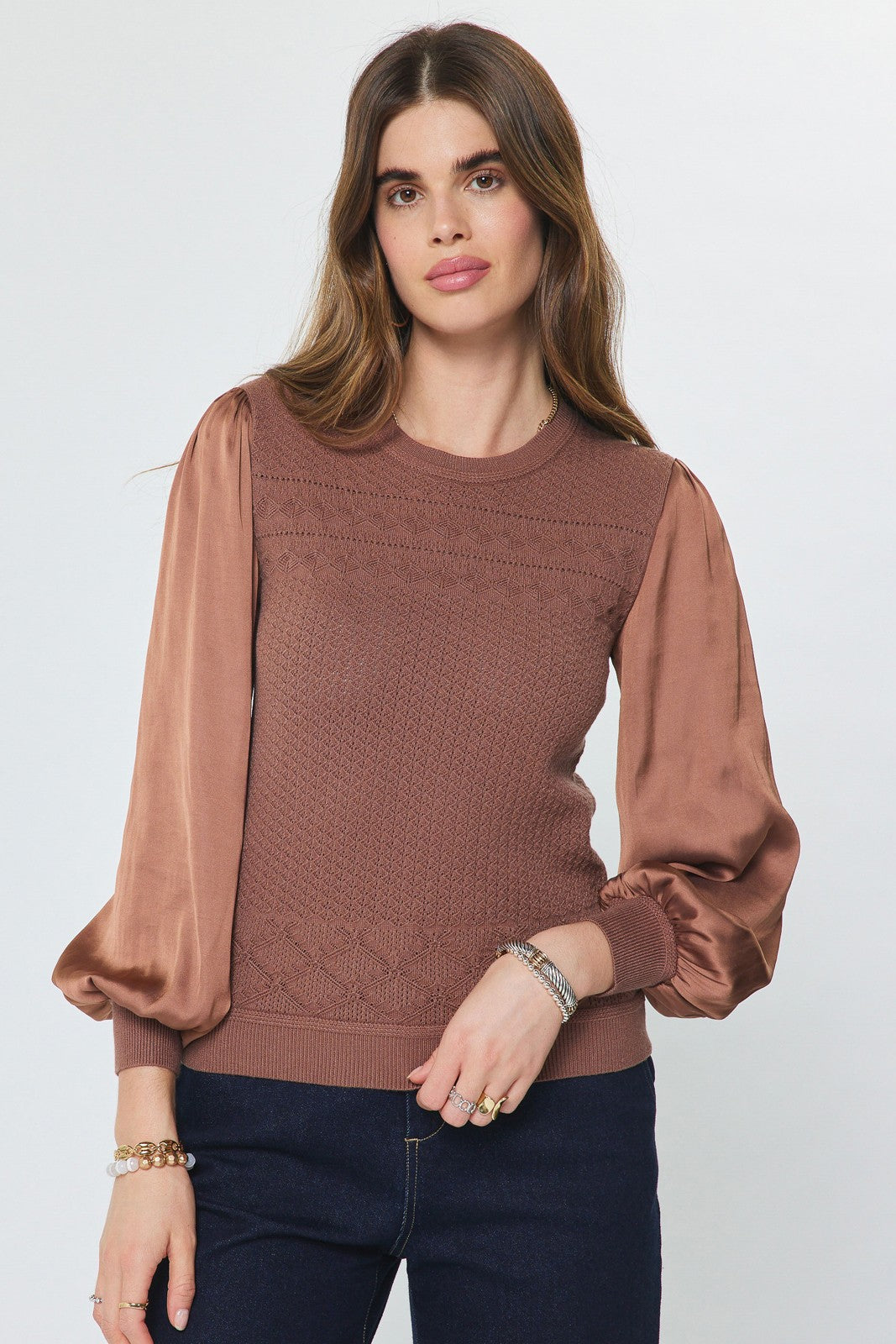 NYLAND Joykiss Woven Sleeve Pointelle Knit Sweater Mocha Mousse