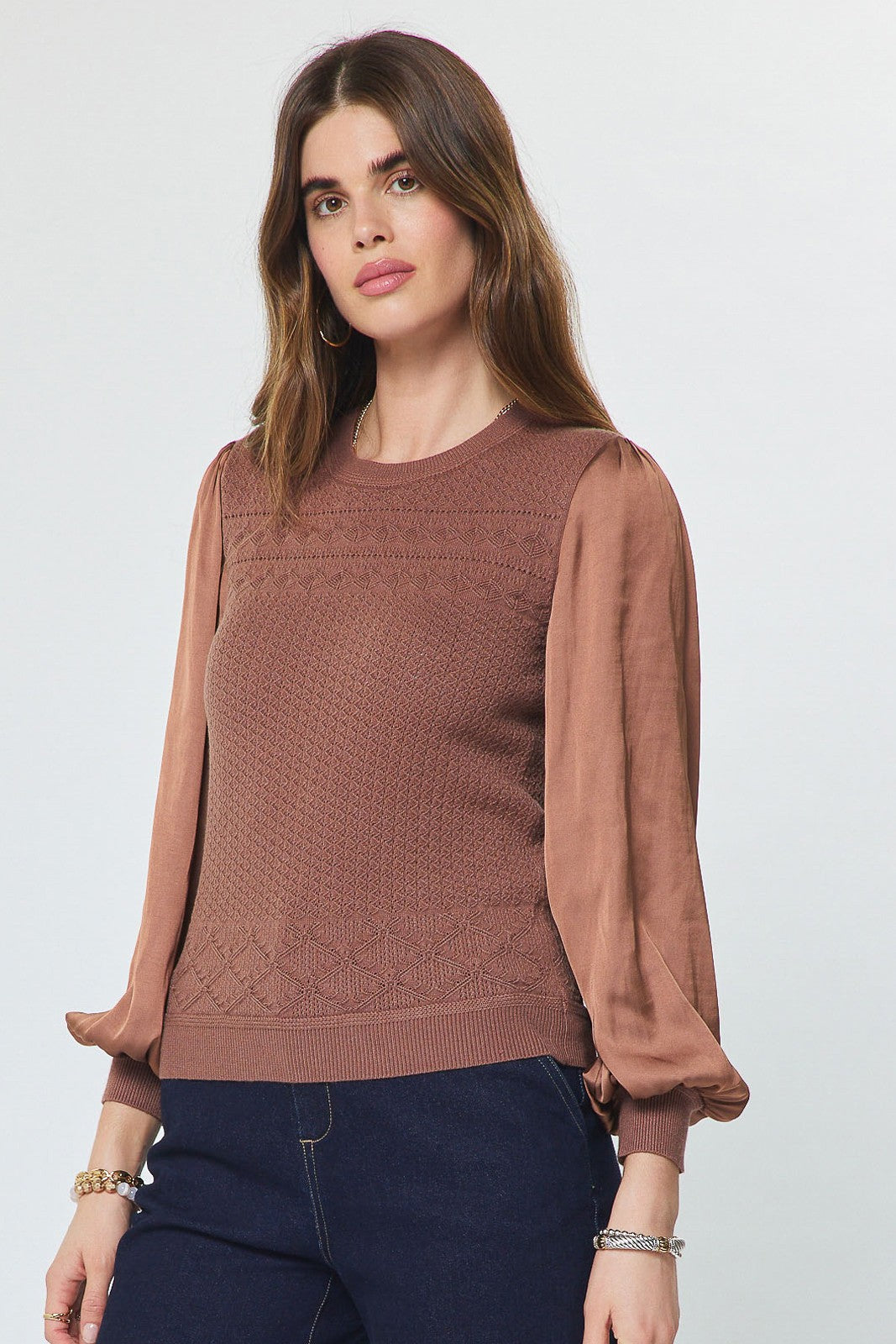 NYLAND Joykiss Woven Sleeve Pointelle Knit Sweater