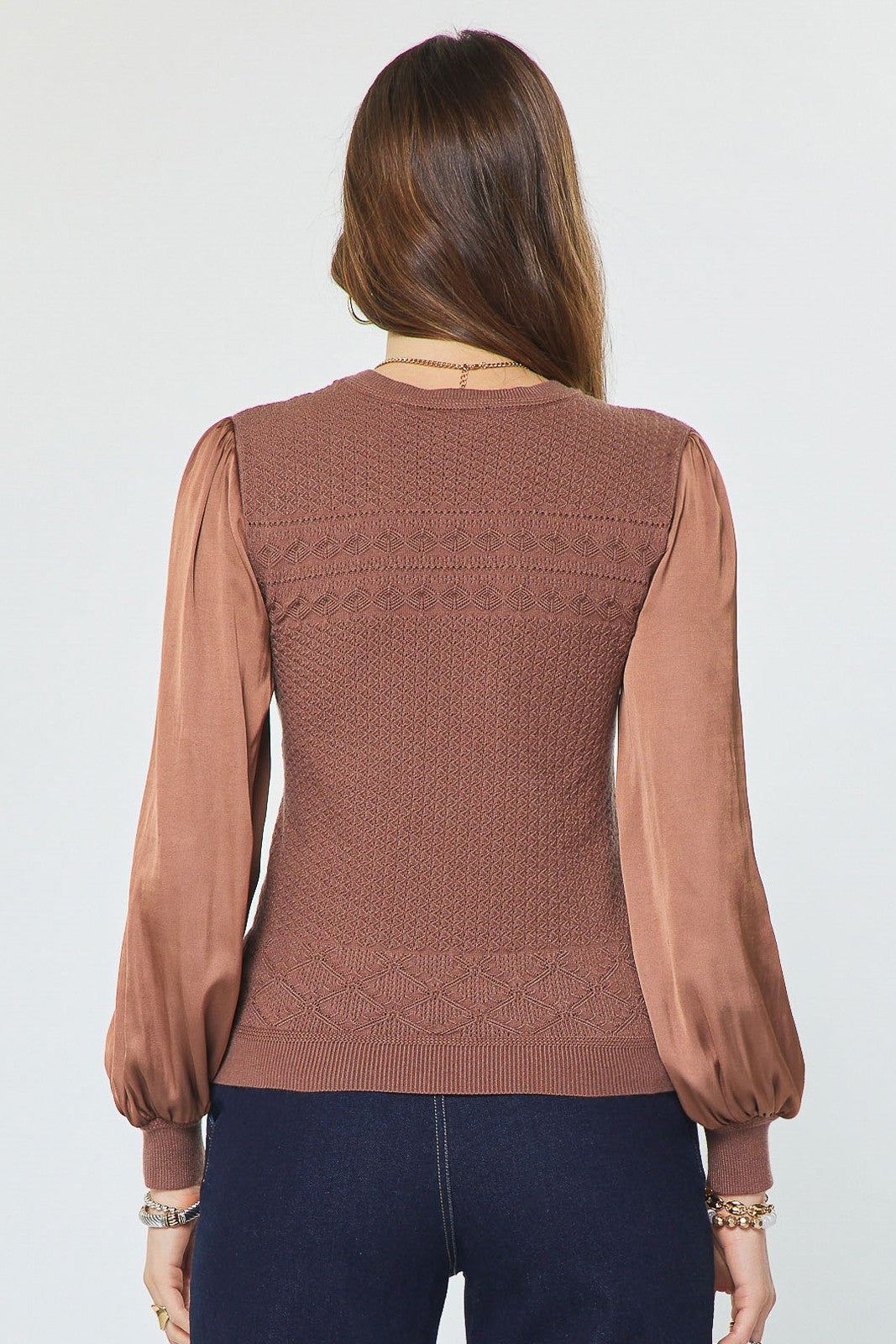NYLAND Joykiss Woven Sleeve Pointelle Knit Sweater