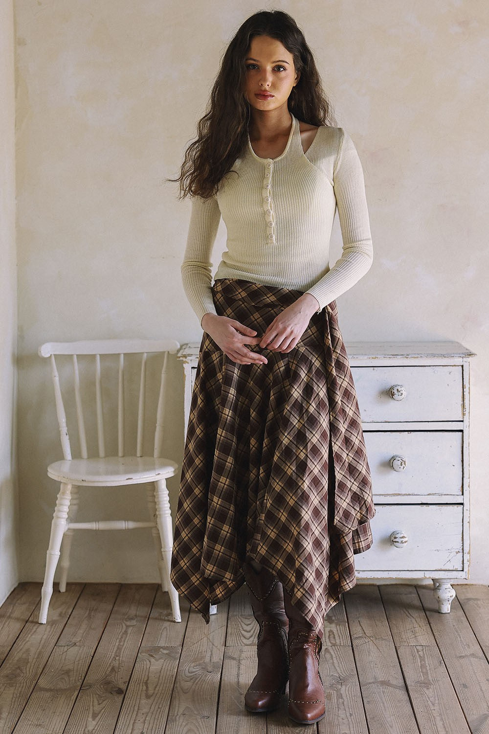 NYLAND Annika Asymmetrical Plaid Maxi Skirt