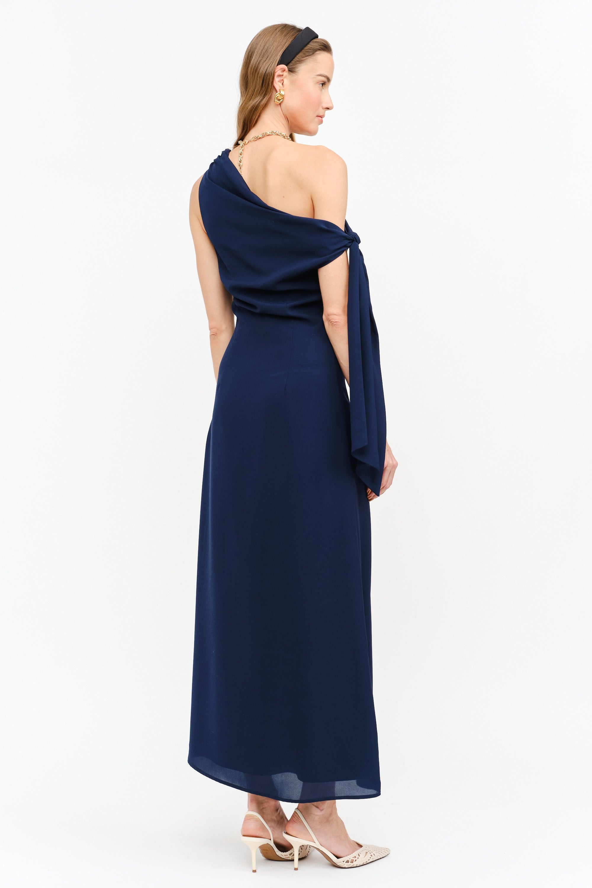 asymmetrical midi dress Ivory Bodycon sleek woven satin shapes this chic dress that has a trendy mock neckline (with loop DEON Asymmetrical Midi Dress -