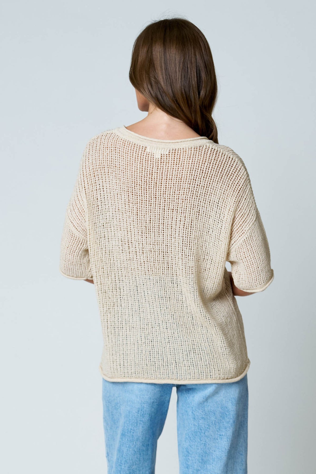 NYLAND Oakley Split Neck Short Sleeve Sheer Crochet Top