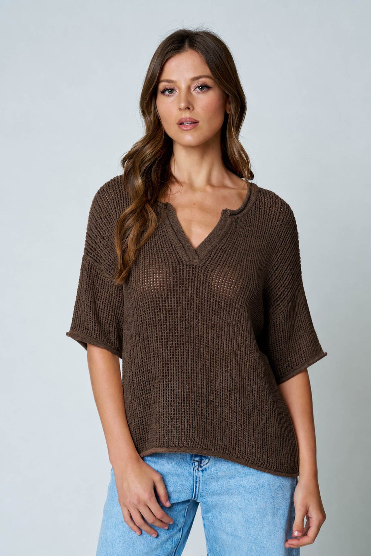 NYLAND Oakley Split Neck Short Sleeve Sheer Crochet Top Chocolate Brown