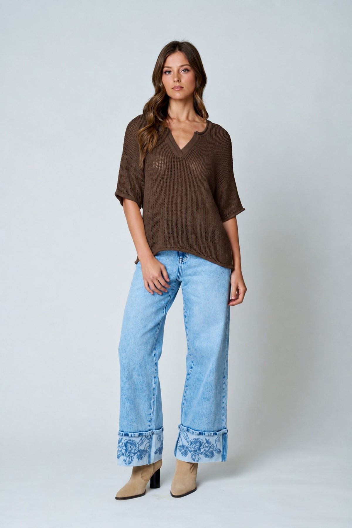 NYLAND Oakley Split Neck Short Sleeve Sheer Crochet Top