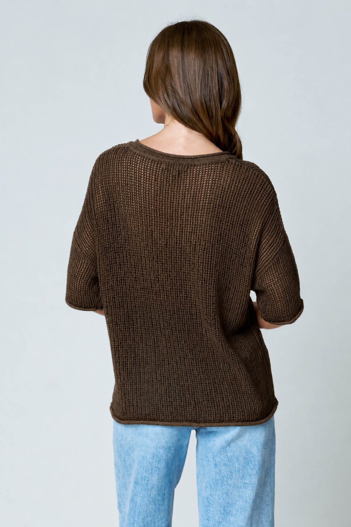 NYLAND Oakley Split Neck Short Sleeve Sheer Crochet Top