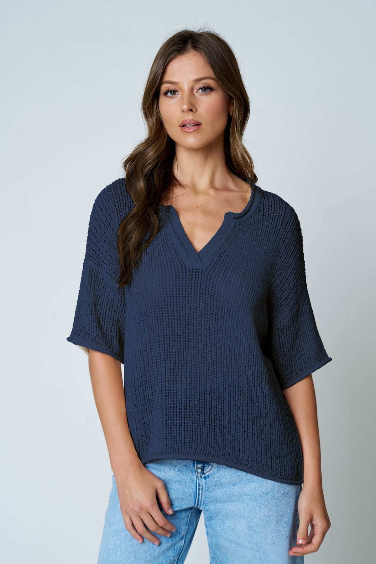 NYLAND Oakley Split Neck Short Sleeve Sheer Crochet Top Navy