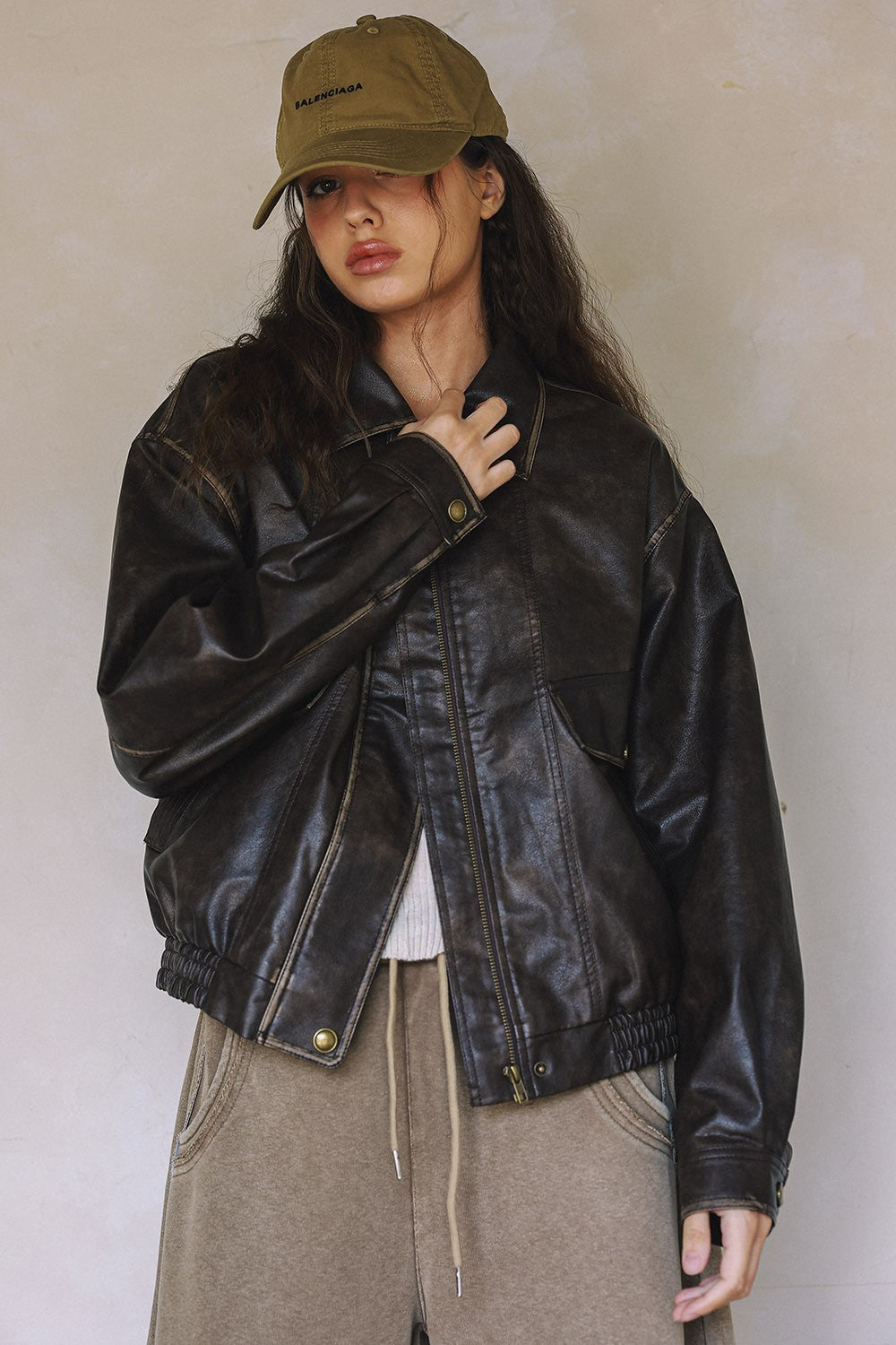 DEON Vintage Washed Faux Leather Jacket Black
