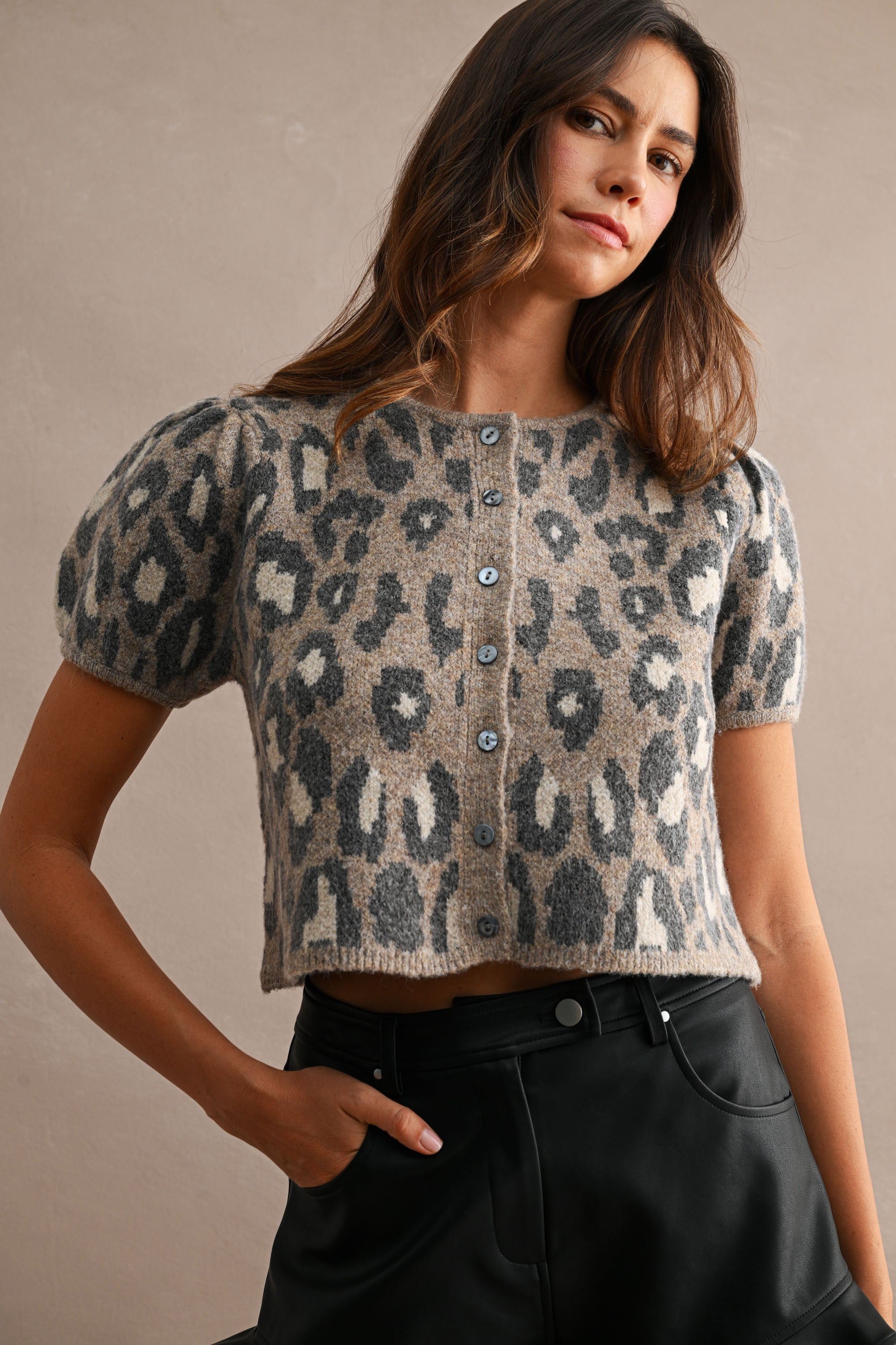 DEON Leopard Puff Sleeve Knit - Adorn