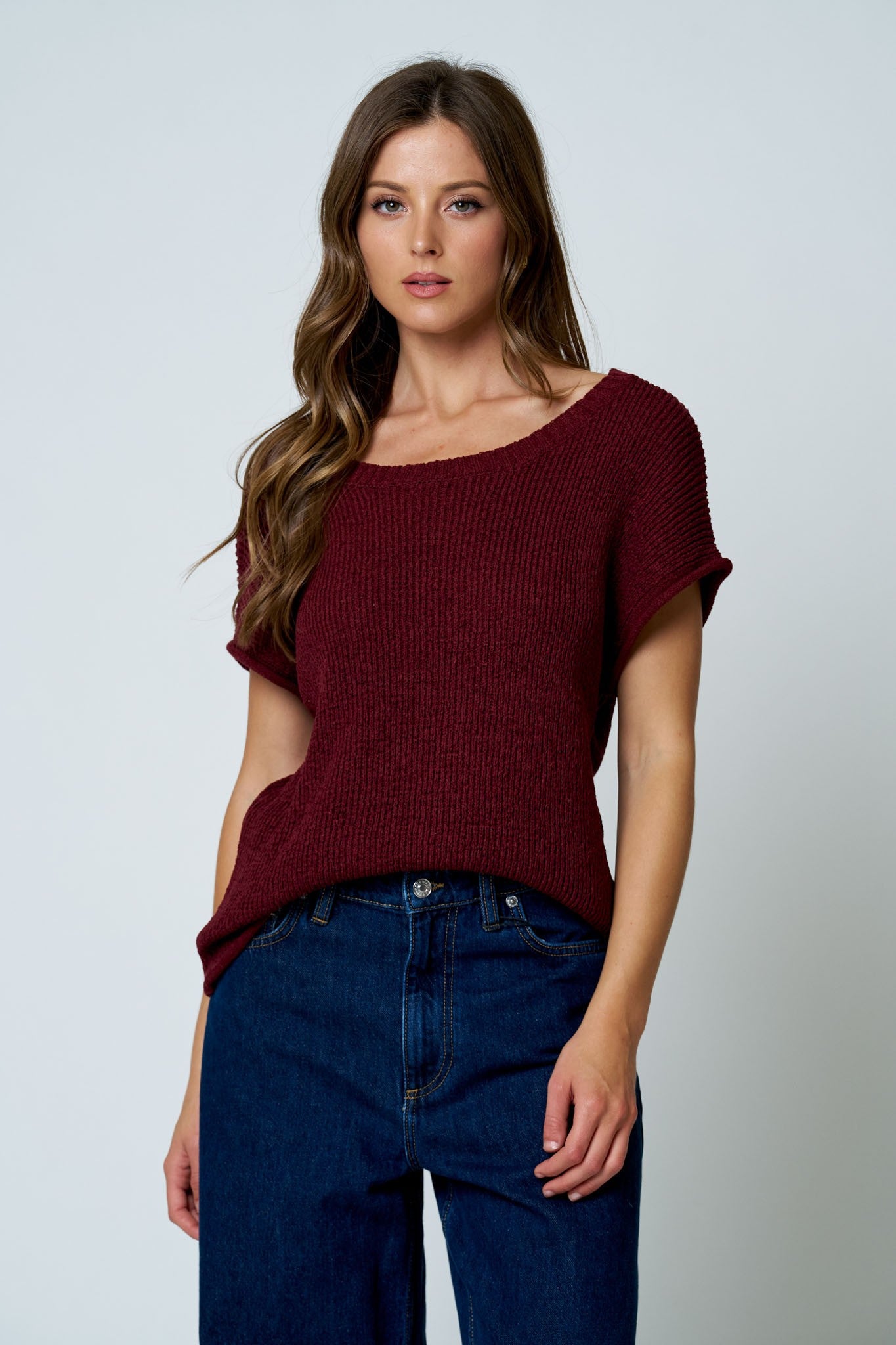 NYLAND Eira Crew Neck Raw Sleeve Relaxed Sweater Knit Top Navy
