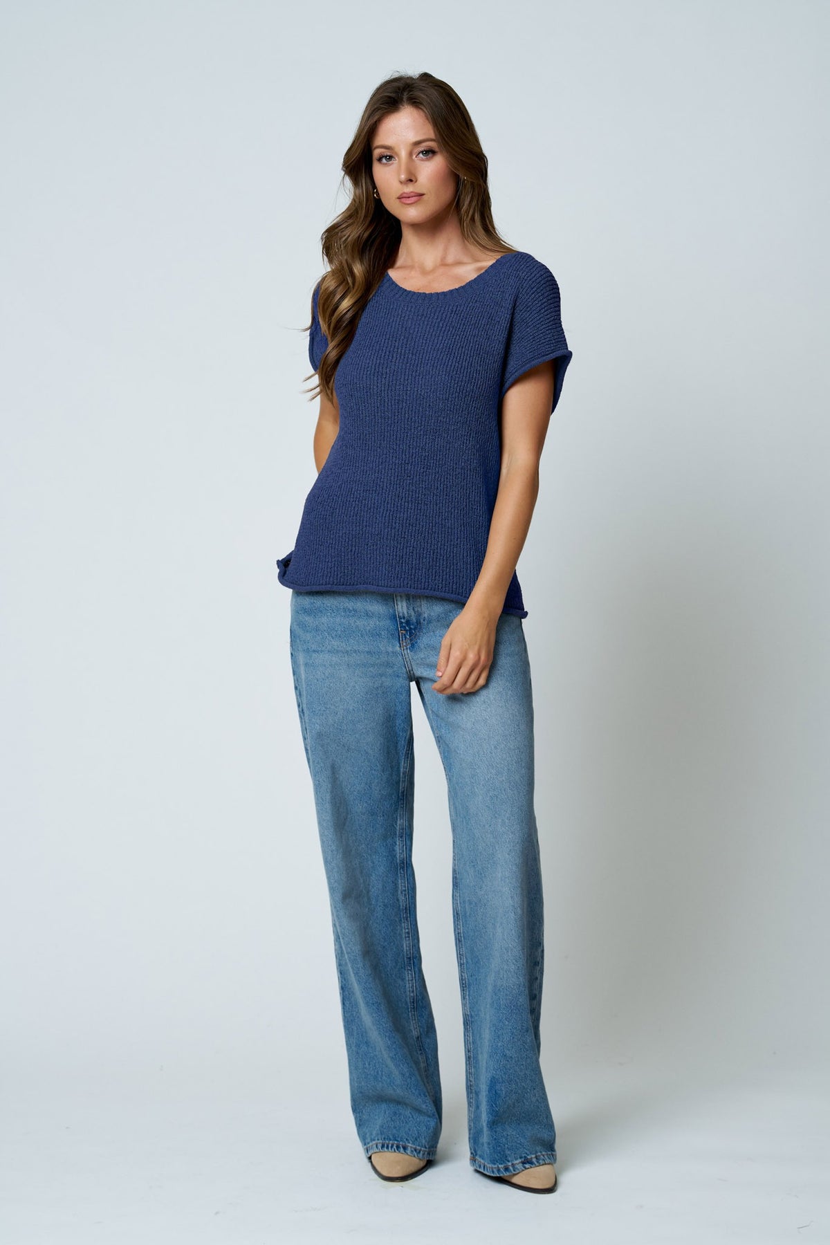 NYLAND Eira Crew Neck Raw Sleeve Relaxed Sweater Knit Top