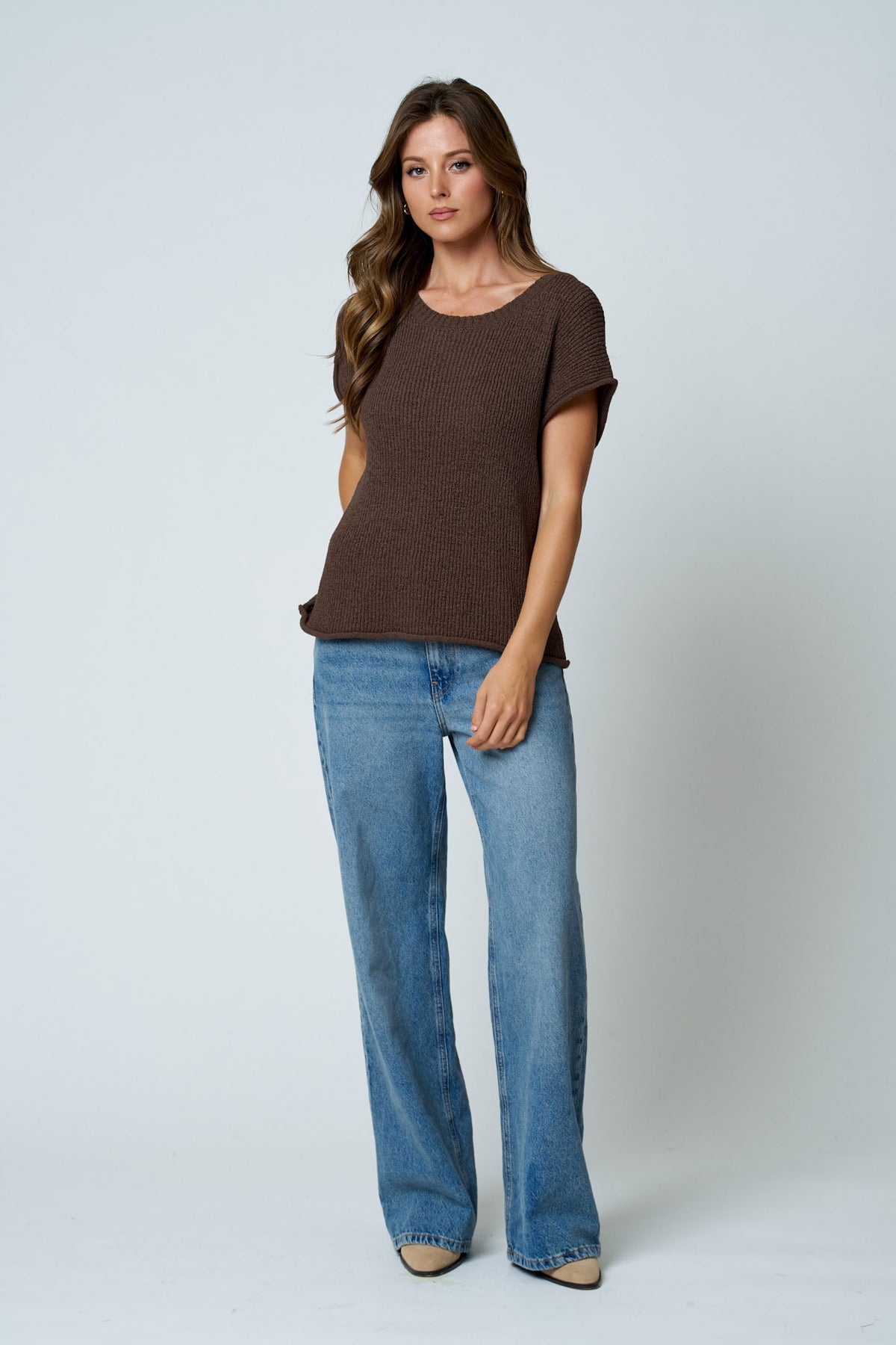 NYLAND Eira Crew Neck Raw Sleeve Relaxed Sweater Knit Top