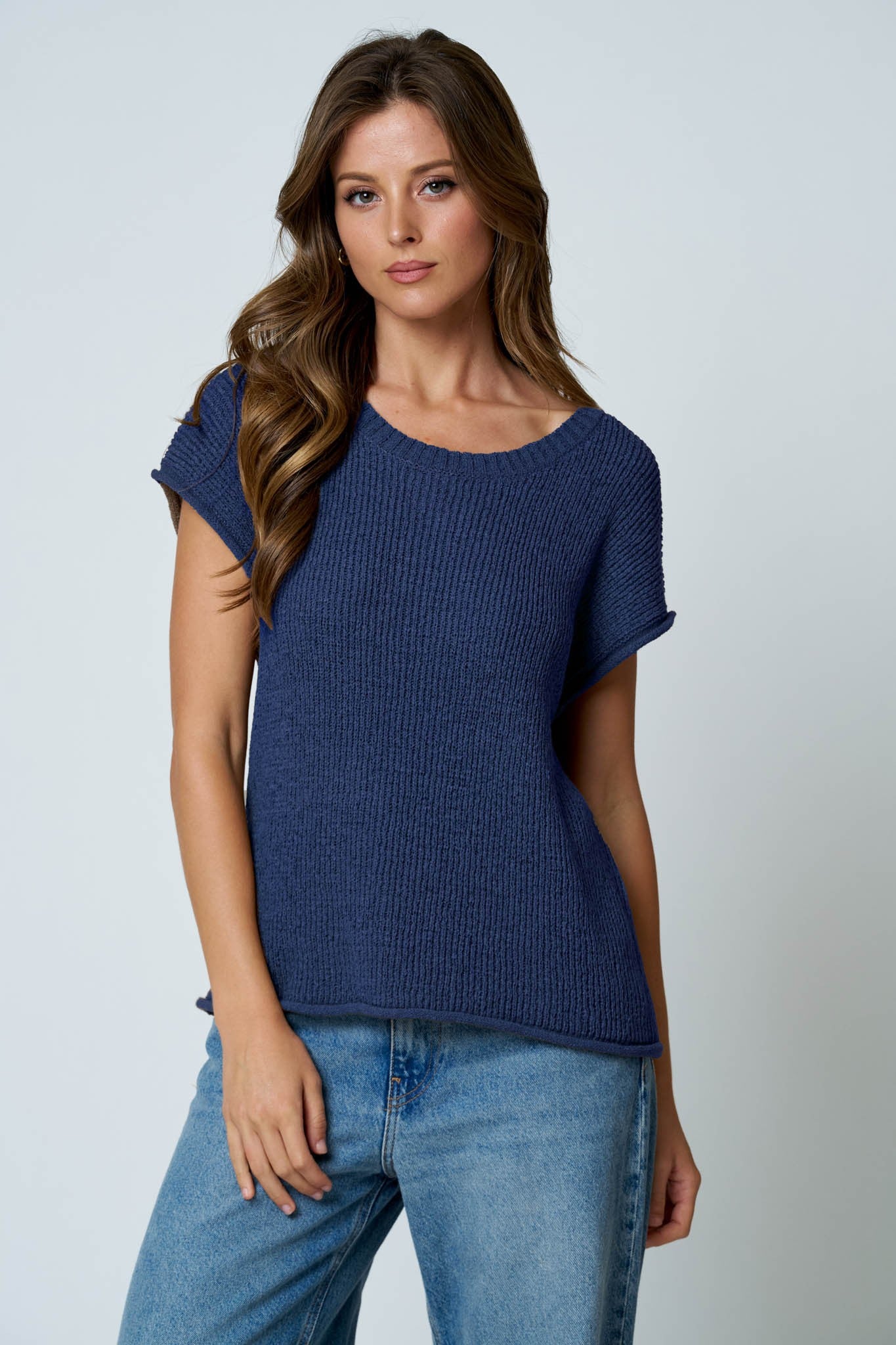 NYLAND Eira Crew Neck Raw Sleeve Relaxed Sweater Knit Top Navy