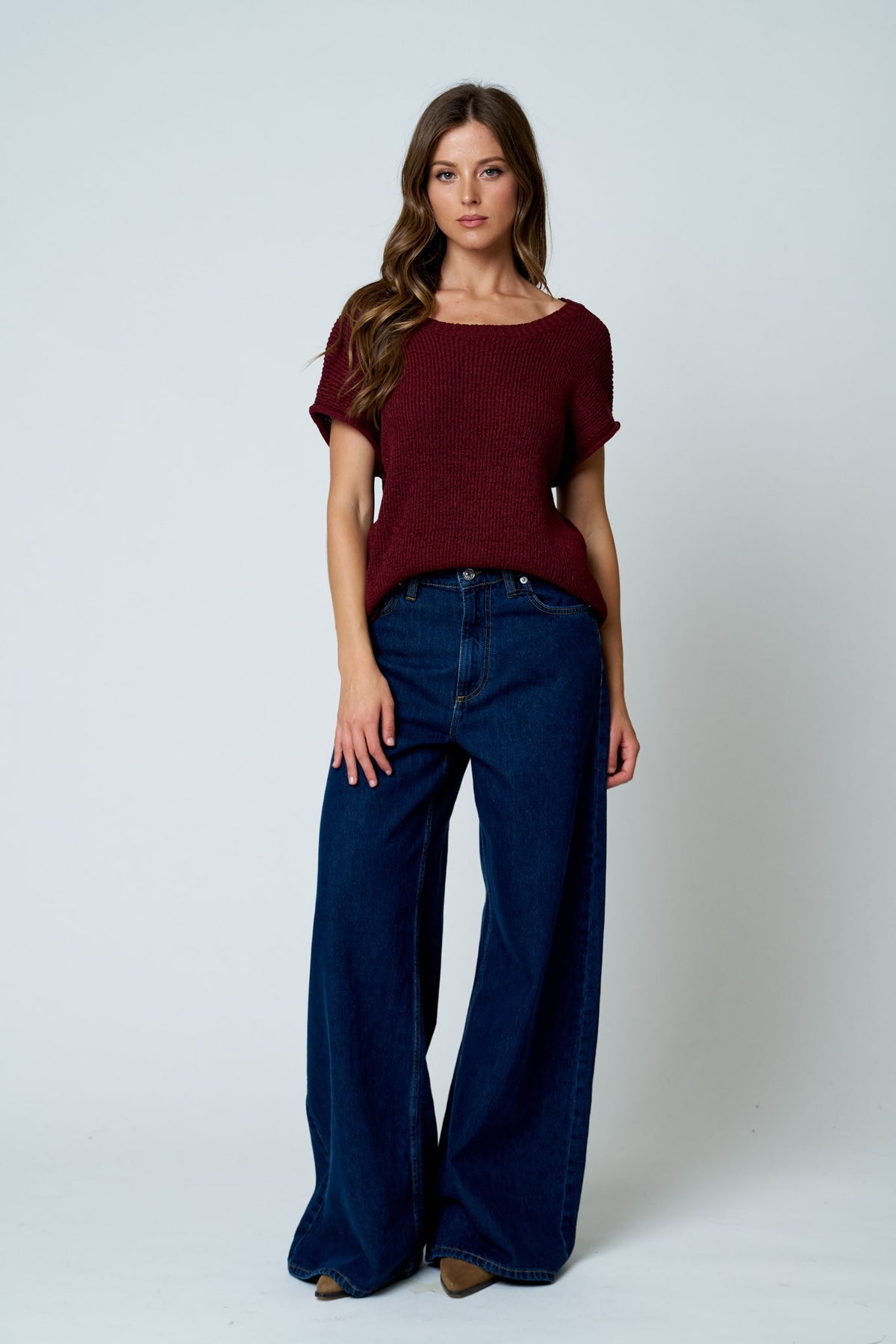 NYLAND Eira Crew Neck Raw Sleeve Relaxed Sweater Knit Top