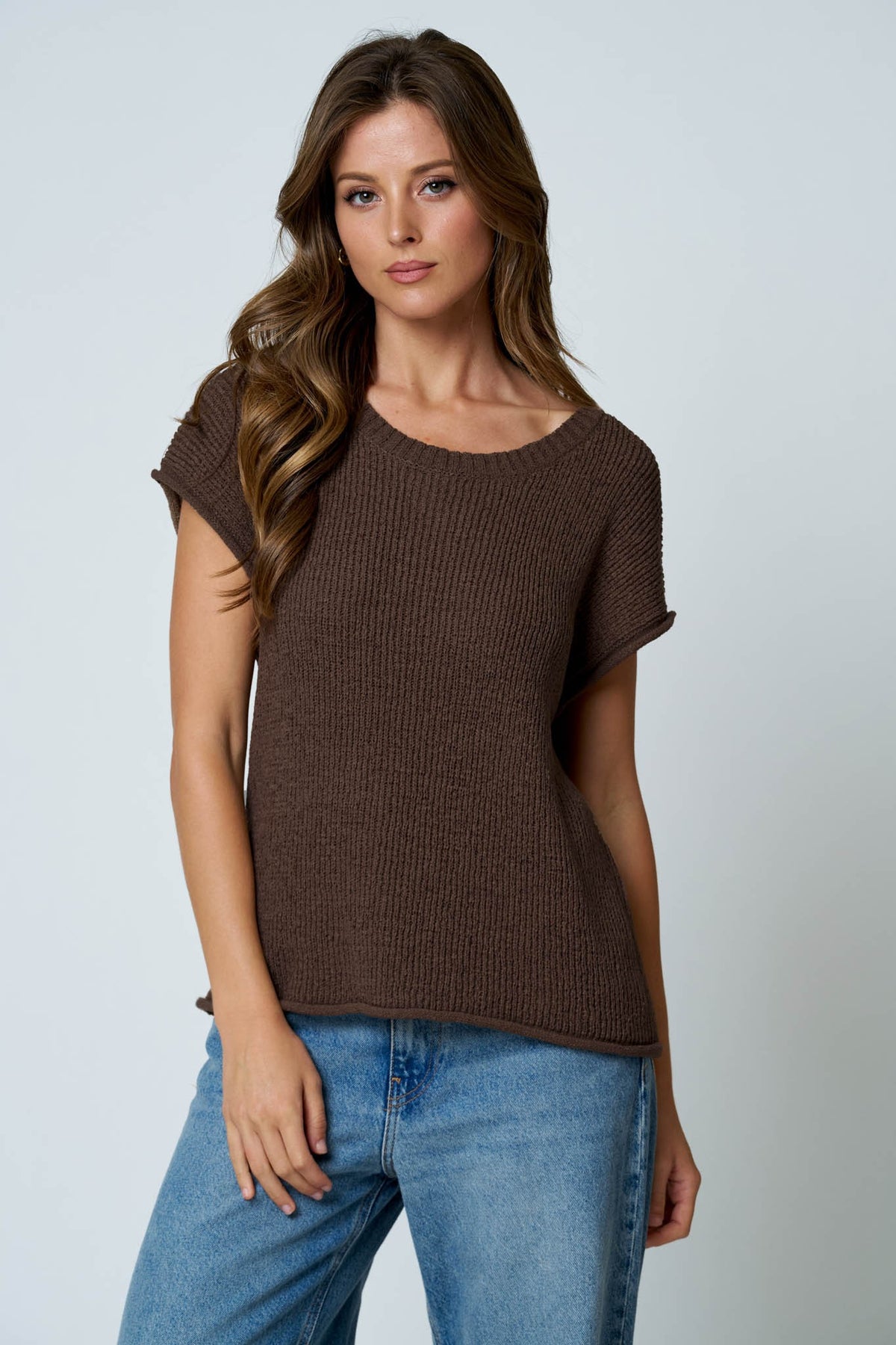 NYLAND Eira Crew Neck Raw Sleeve Relaxed Sweater Knit Top Chocolate