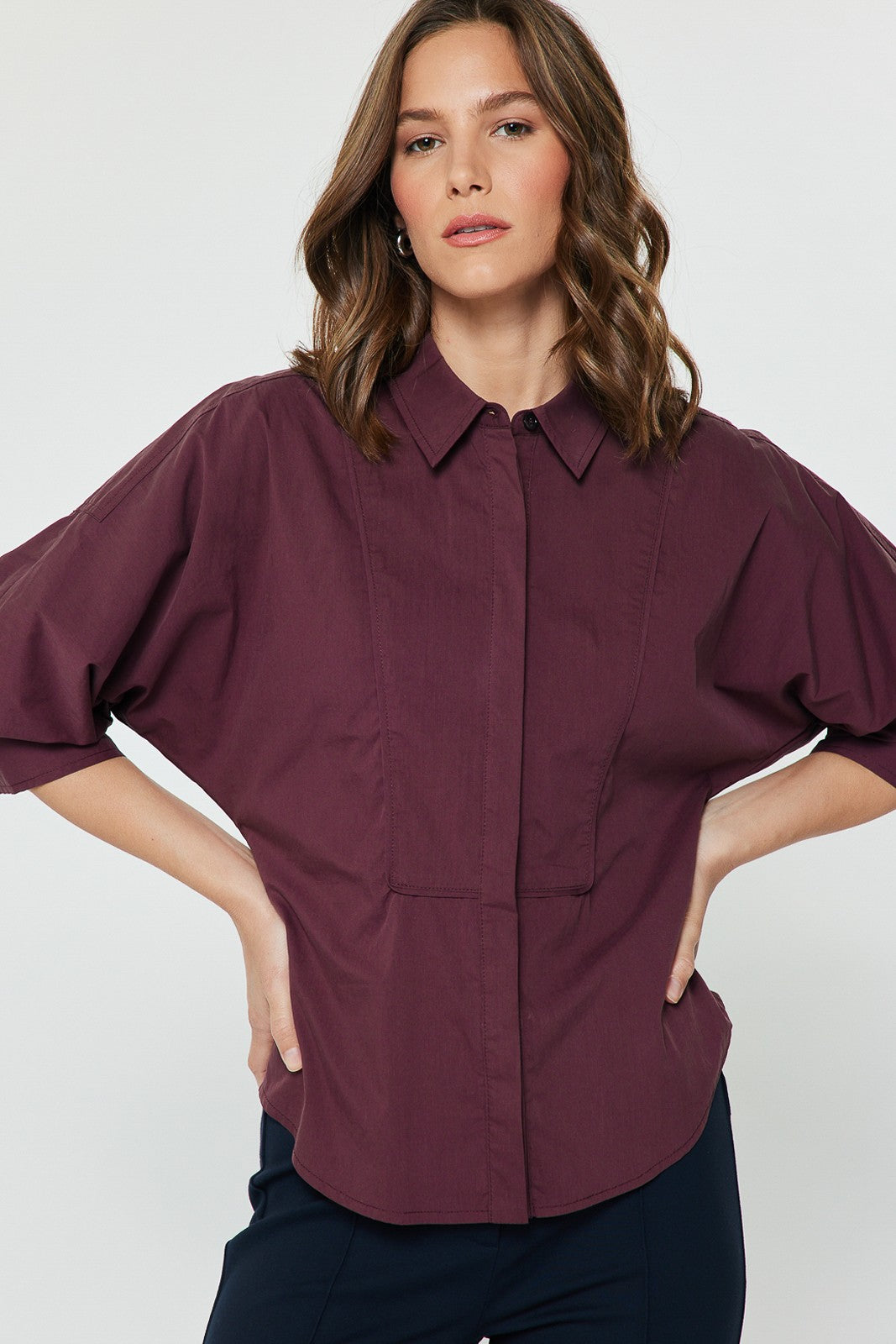 DEON Ruched Sleeve Button Down Shirt Bordeaux