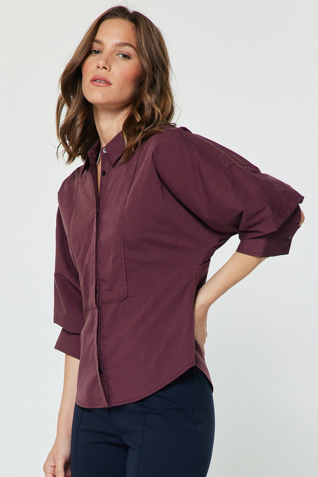 DEON Ruched Sleeve Button Down Shirt