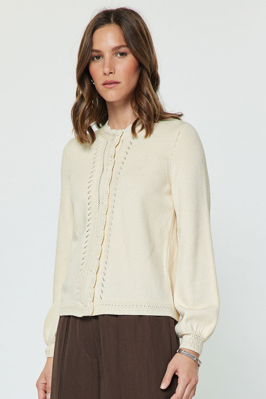 NYLAND Amiah Pointelle Button Up Long Sleeve Sweater Cardigan Cream