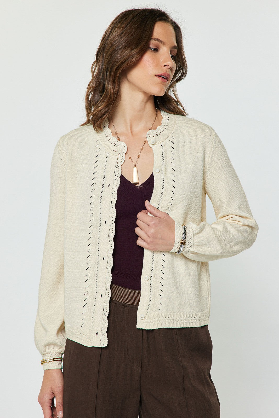 NYLAND Amiah Pointelle Button Up Long Sleeve Sweater Cardigan Cream