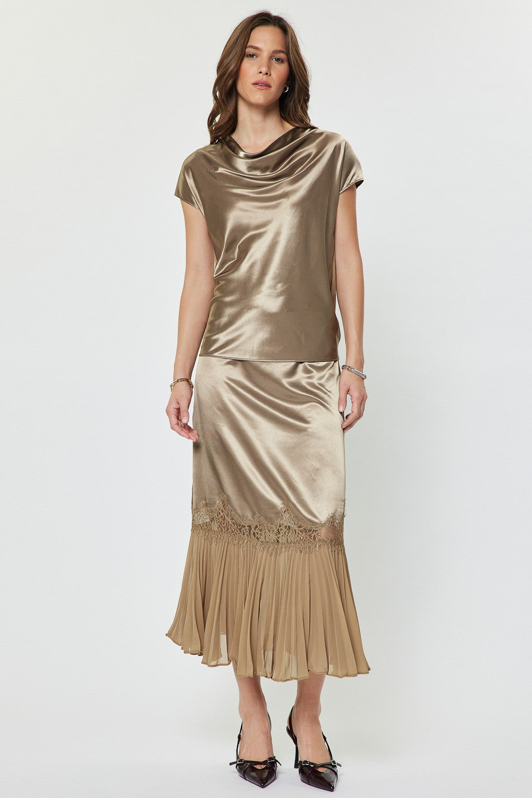 NYLAND Alena Metallic Cowl Neck Top