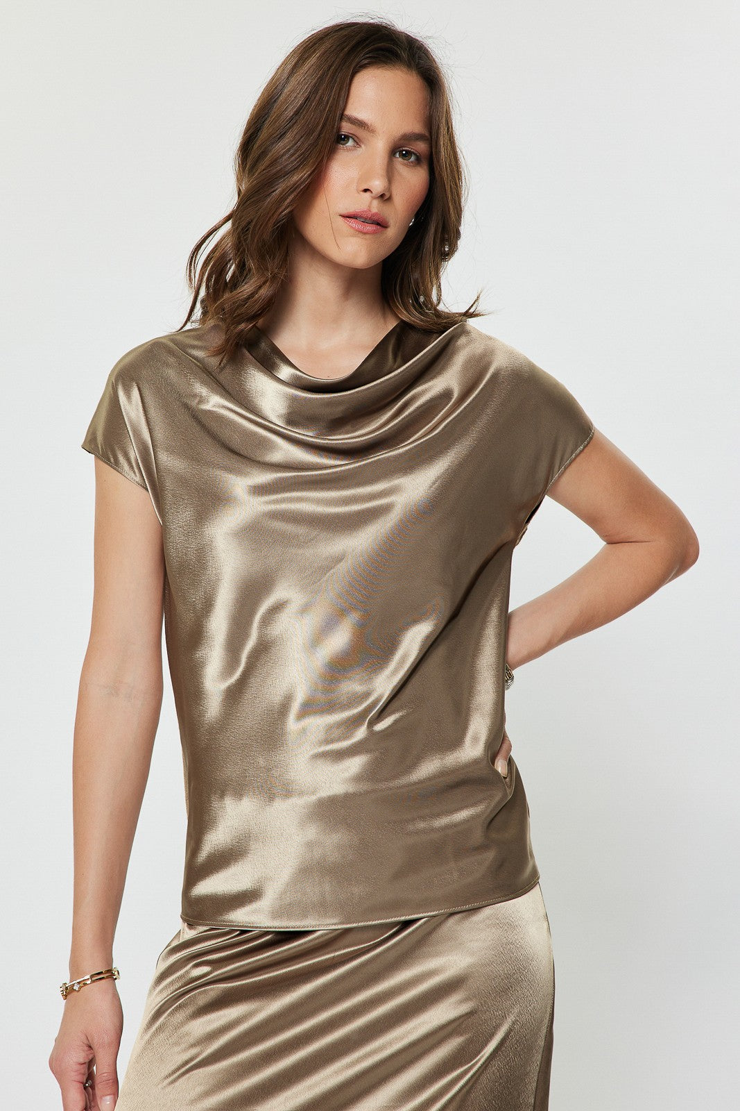 NYLAND Alena Metallic Cowl Neck Top Ash Brown