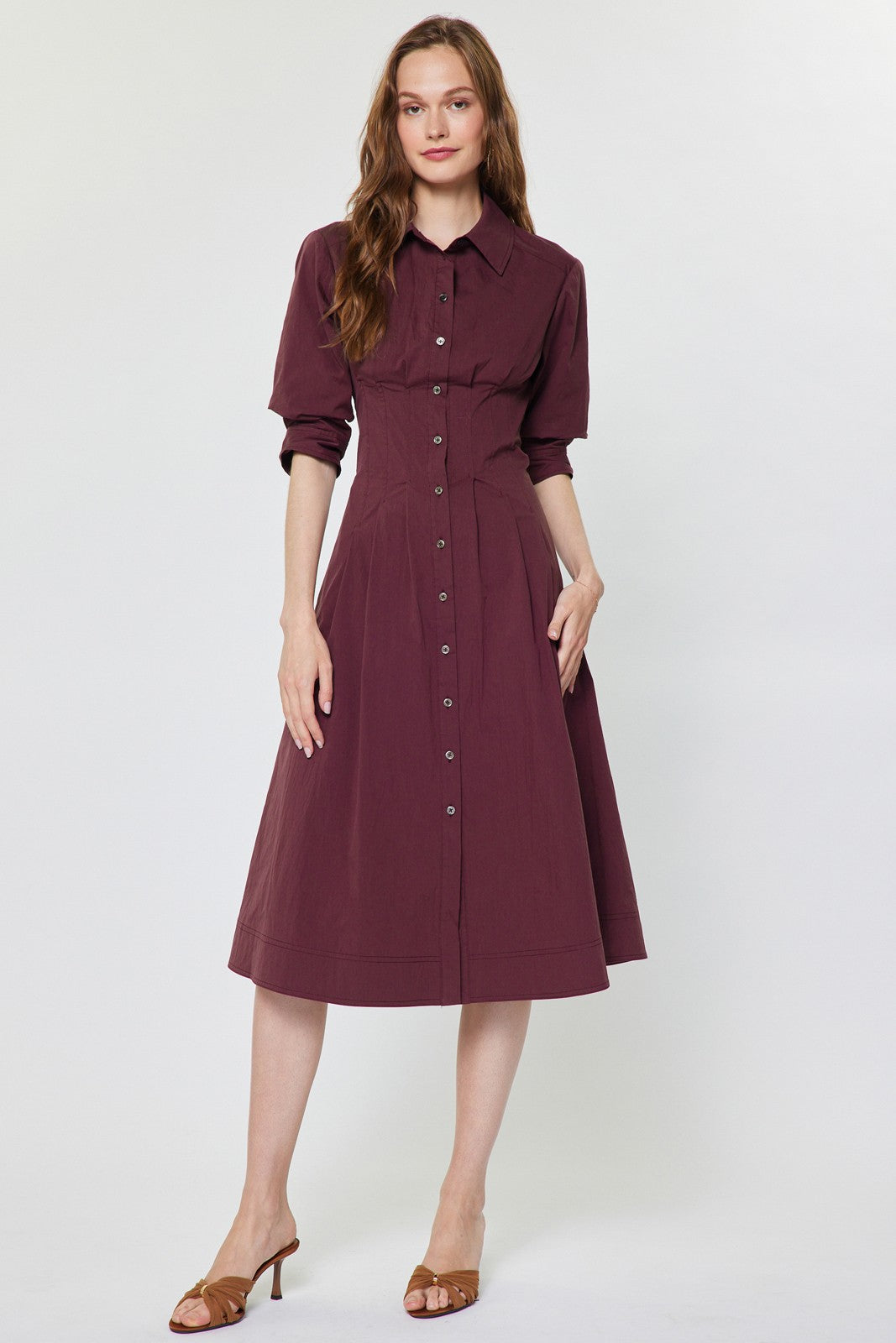 DEON Button Down A-line Midi Dress Bordeaux