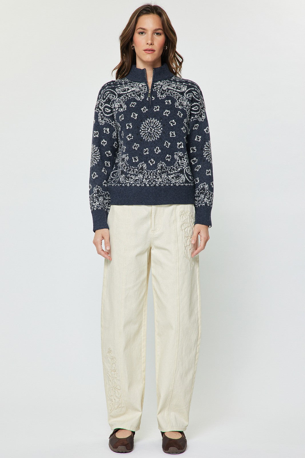 NYLAND Fleur Jacquard Half Zip Up Sweatshirt