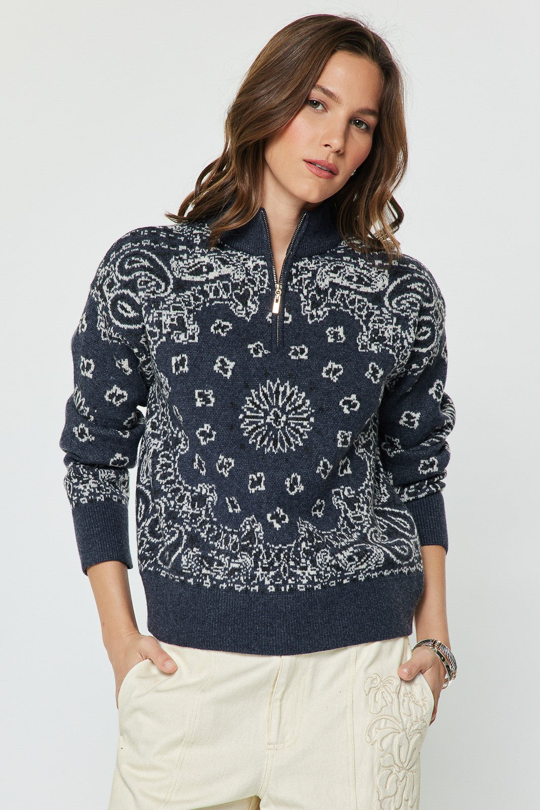 NYLAND Fleur Jacquard Half Zip Up Sweatshirt