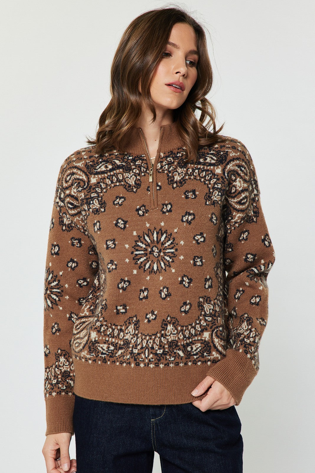 NYLAND Fleur Jacquard Half Zip Up Sweatshirt