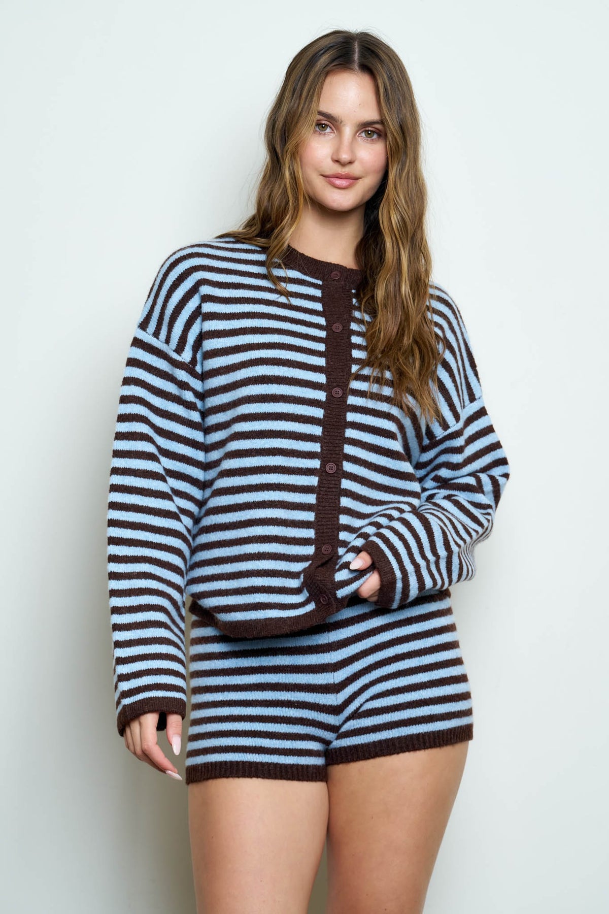 Nyland Cecilla Striped Button Down Long Sleeve Contrast Cardigan Dusty Blue