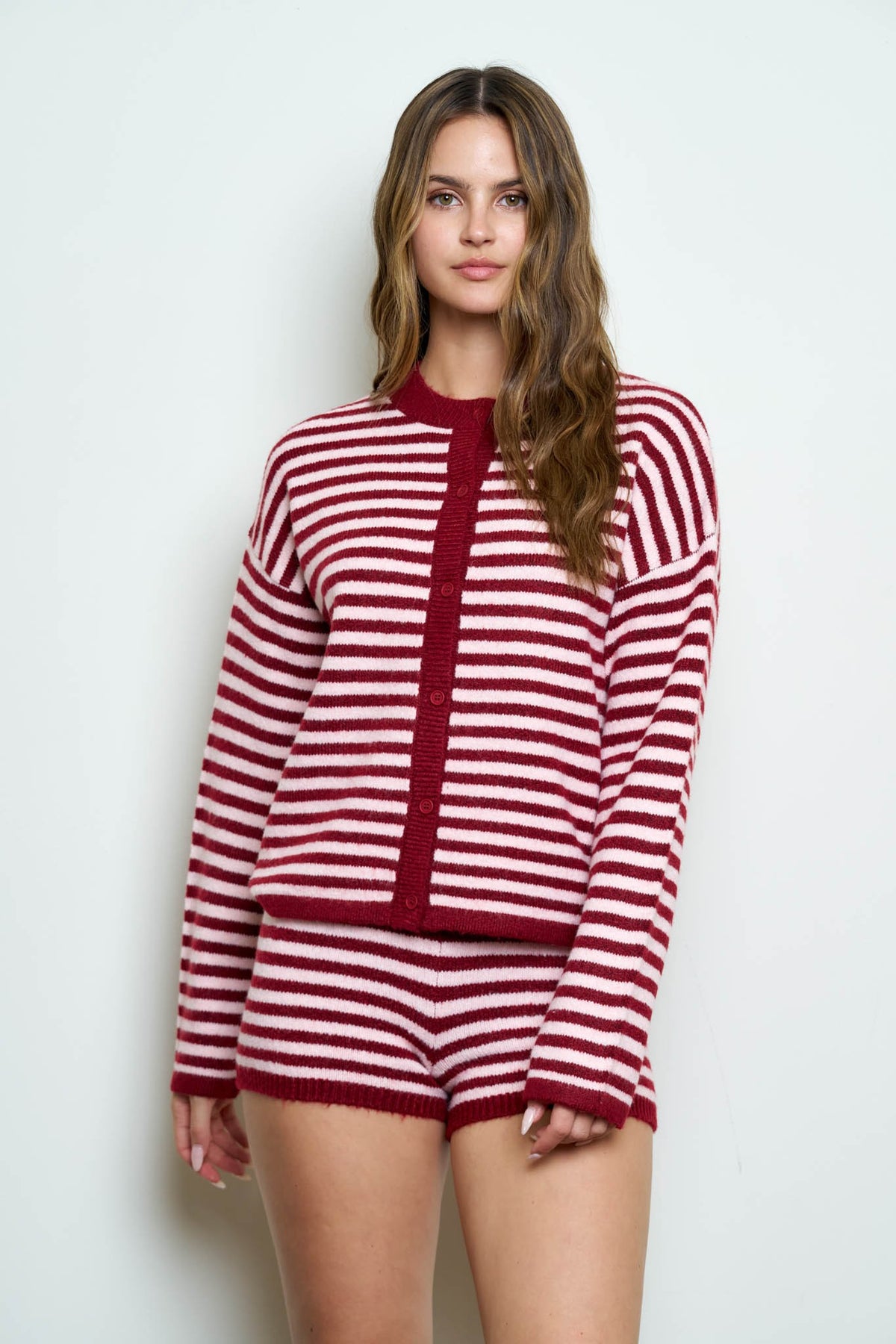 Nyland Cecilla Striped Button Down Long Sleeve Contrast Cardigan Pink