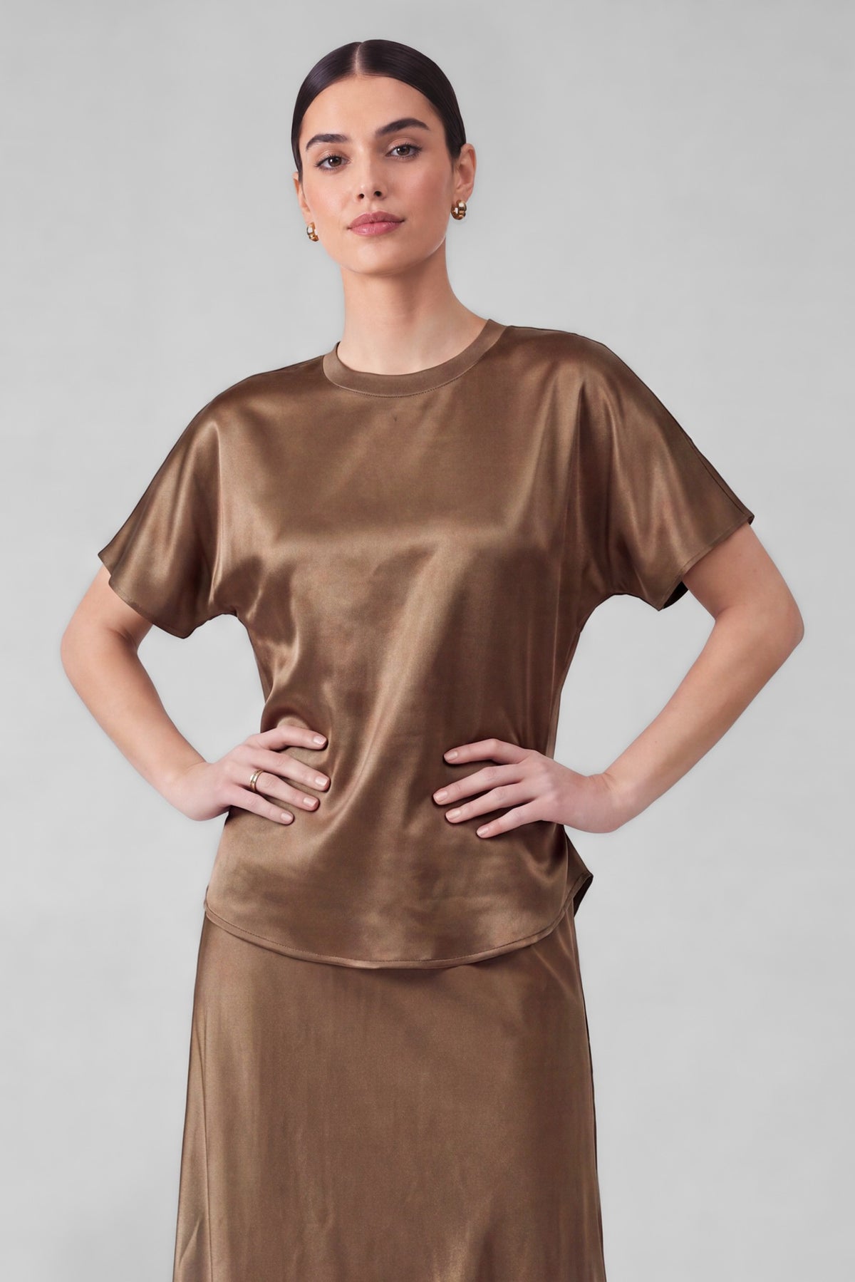 NYLAND Maylah Satin Crewneck Short Sleeve Top Brown