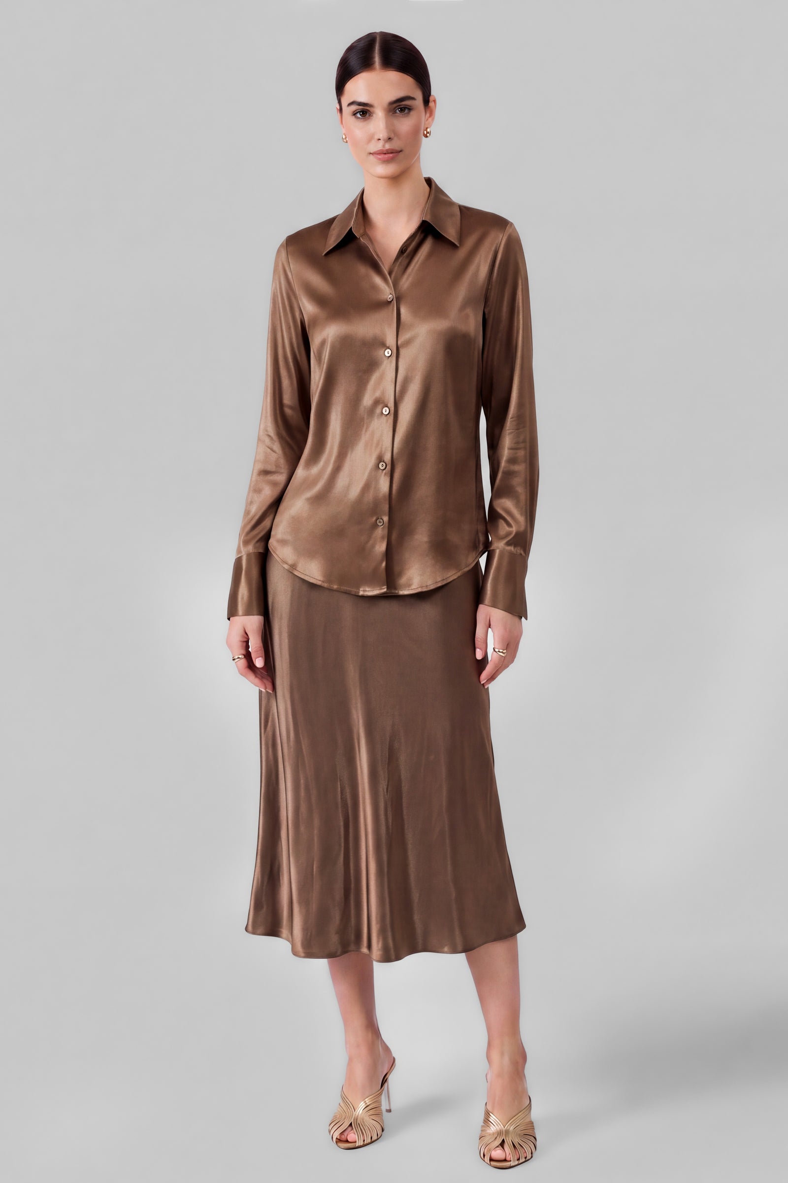 NYLAND Fable Satin Button Down Shirt Brown
