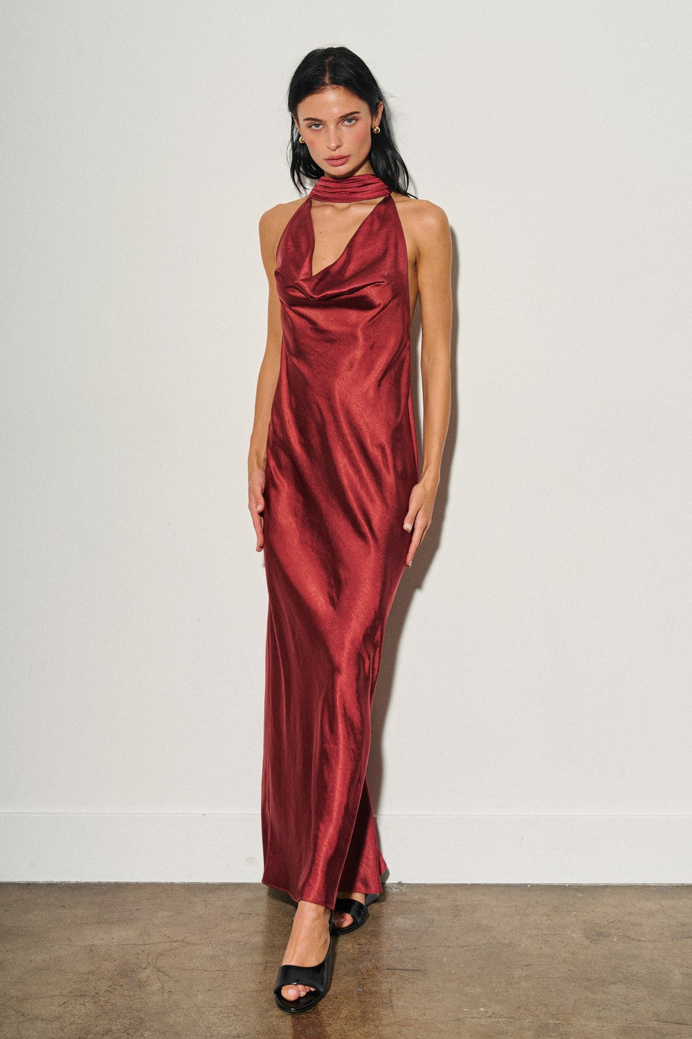 DEON Satin Cowl Halter Dress Burgundy