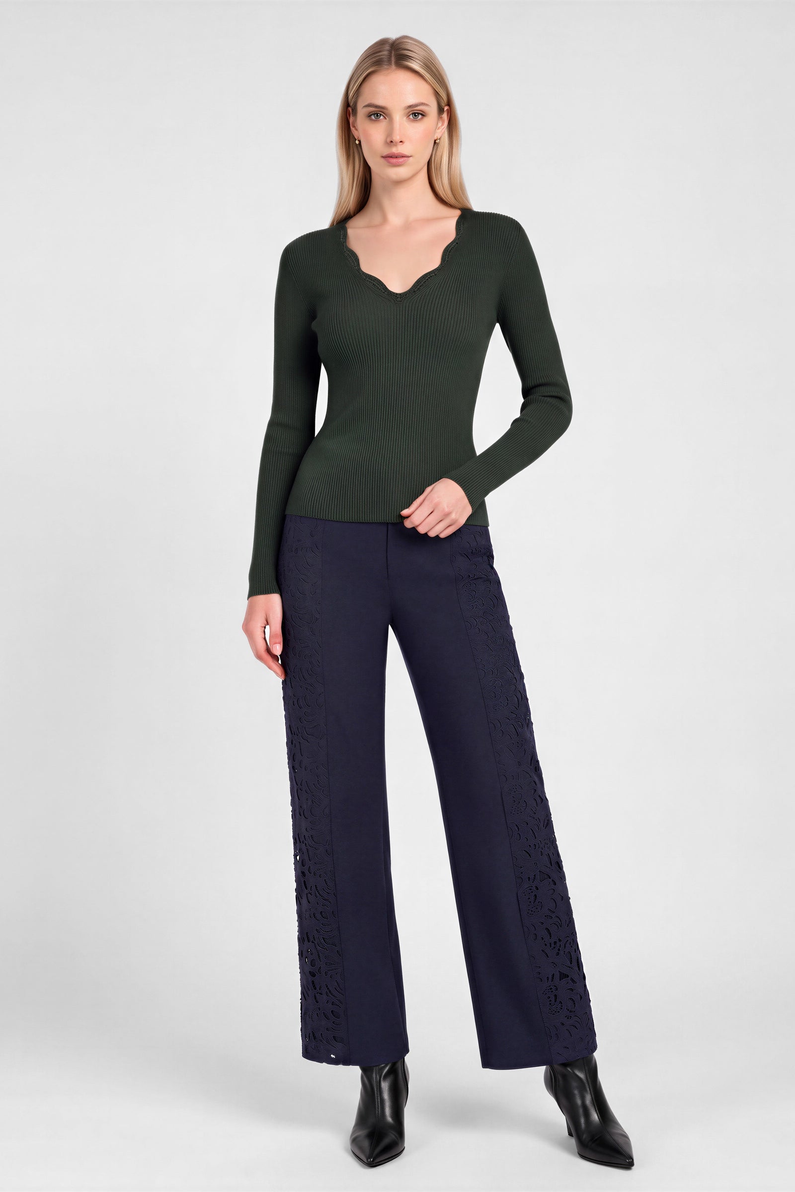 NYLAND Evalina Ribbed Knit Scallop-Neck Top Green