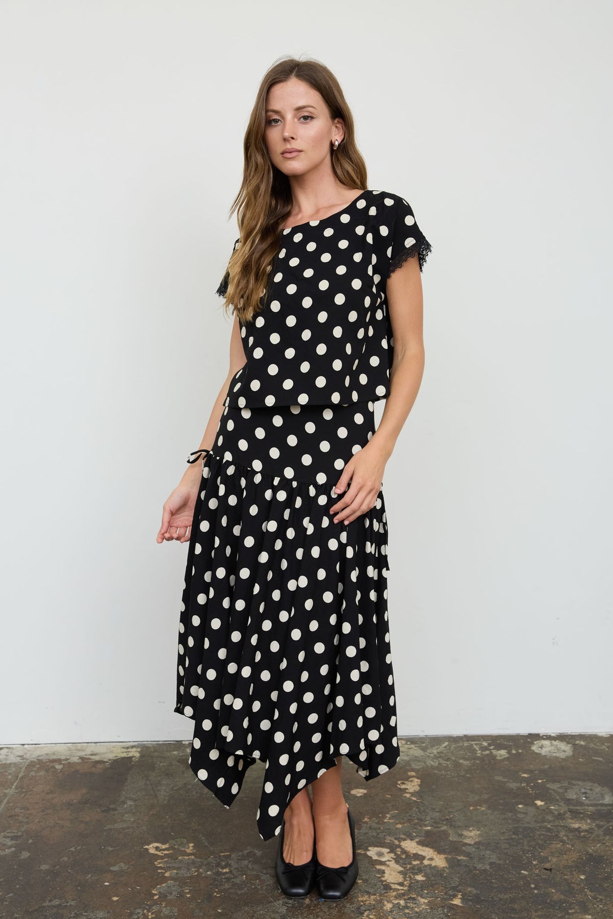 NYLAND Aubrielle Polka Dot Drop Waist Handkerchief Midi Skirt