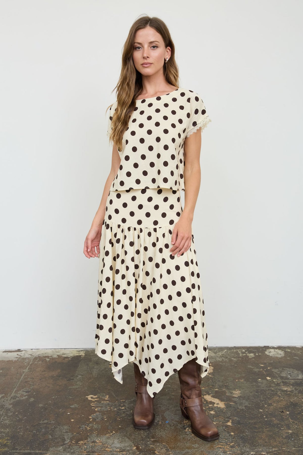 NYLAND Aubrielle Polka Dot Drop Waist Handkerchief Midi Skirt